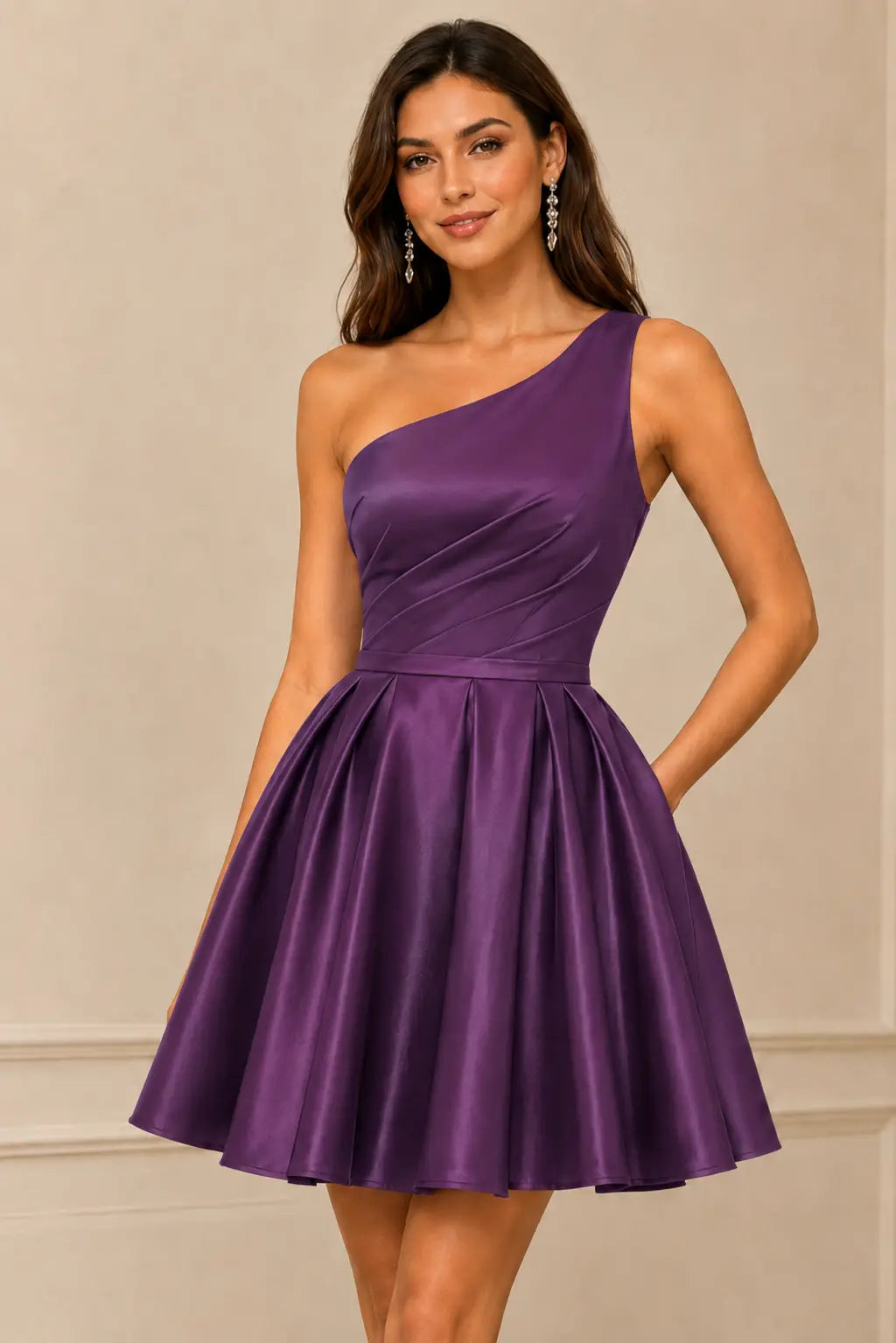 Green One Shoulder Satin Mini A Line Homecoming Dress With Pockets KAIDRESS