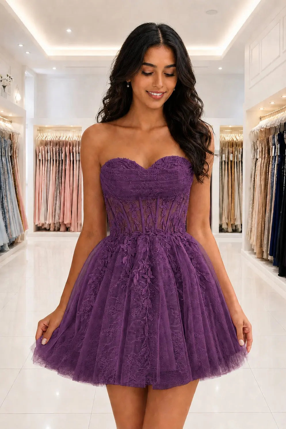 Strapless Beaded Lace Corset A-Line Mini Homecoming Dress KAIDRESS