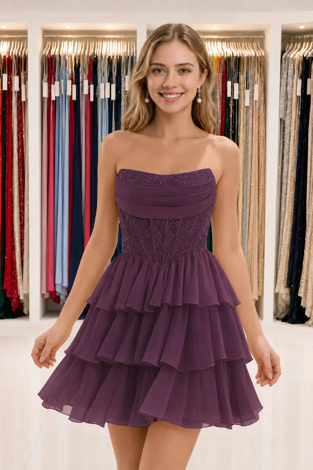 Daffodil Strapless Corset Tiered Ruffle Mini Homecoming Dress With Beading KAIDRESS