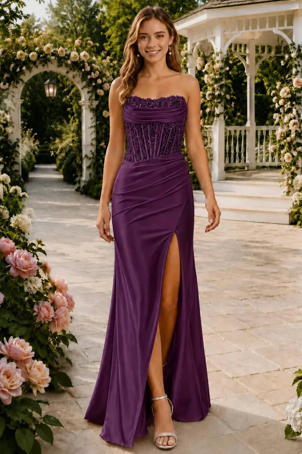 Sheath/Column Beaded Strapless Applique Formal Dress with Slit KAIDRESS