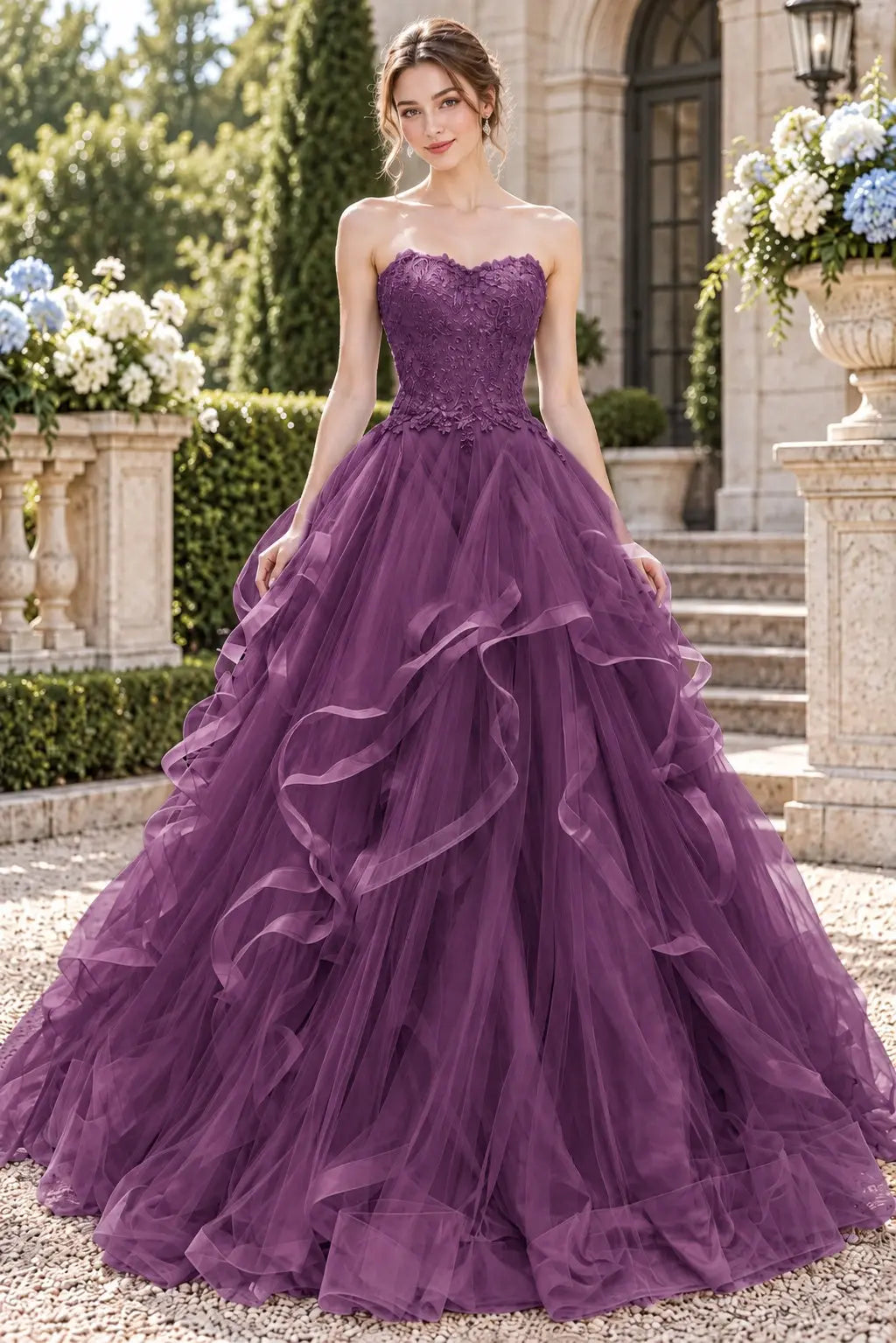 Blue Tulle Lace Long Prom Dresses Princess Layered Formal Evening Gowns