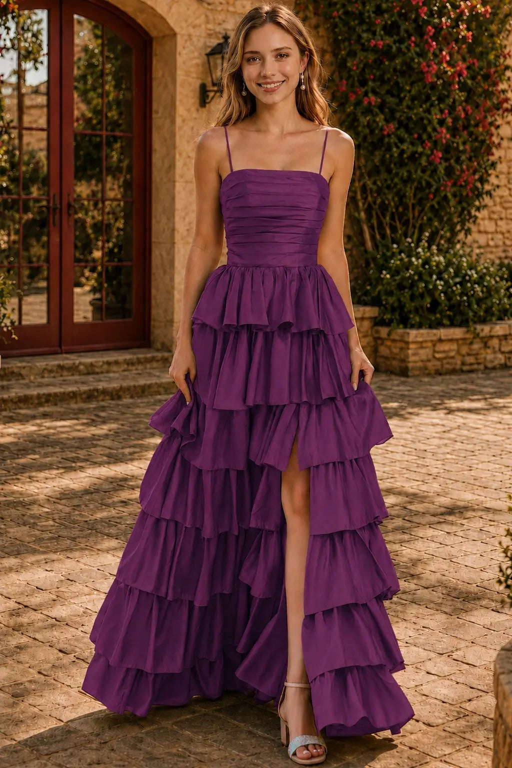 A-line Square Neckline Spaghetti Straps Floor-Length Taffeta Prom Dress with Ruffles Slit KAIDRESS