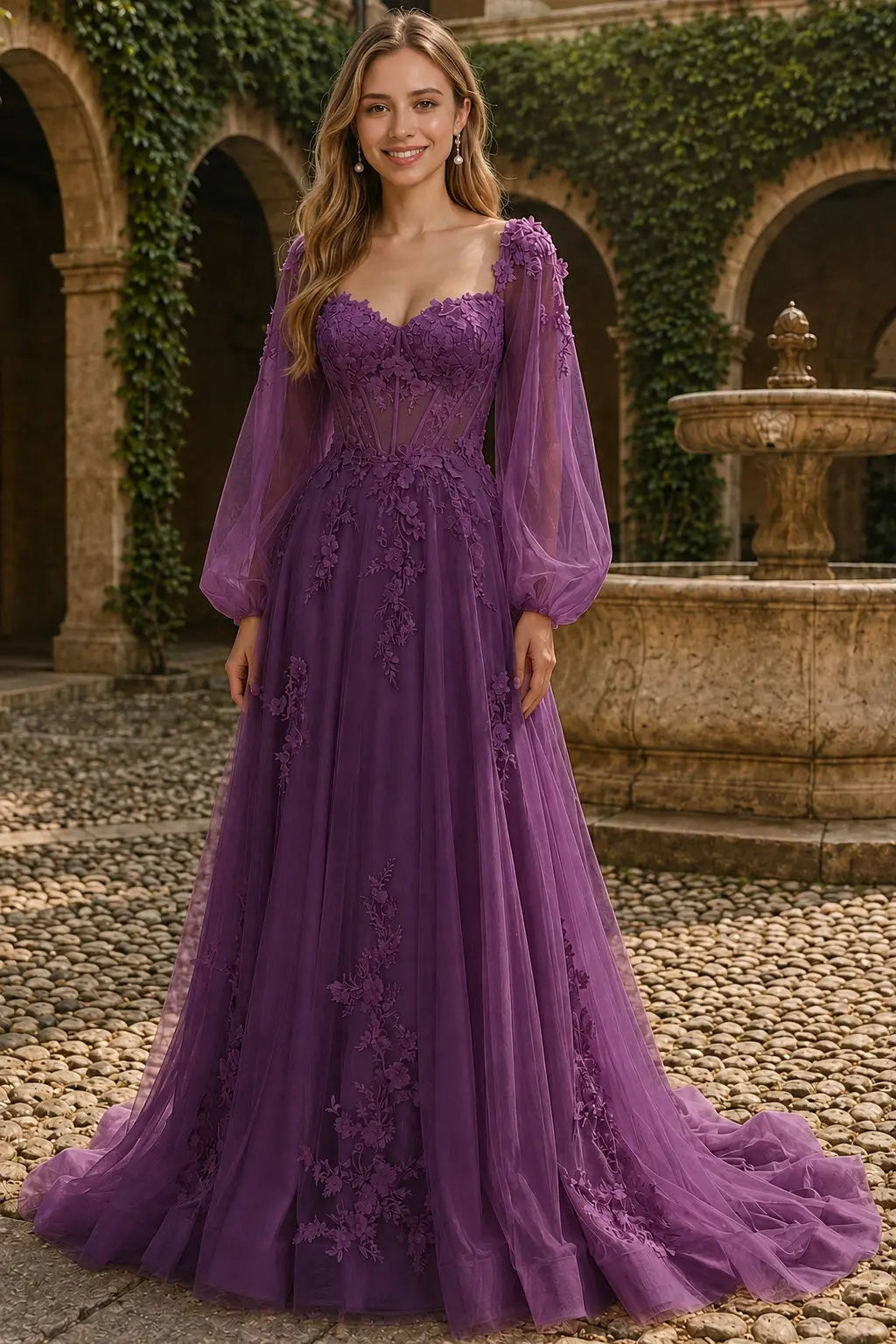 A-line 3D Floral Lace Applique Tulle Long Sleeves Prom Dress