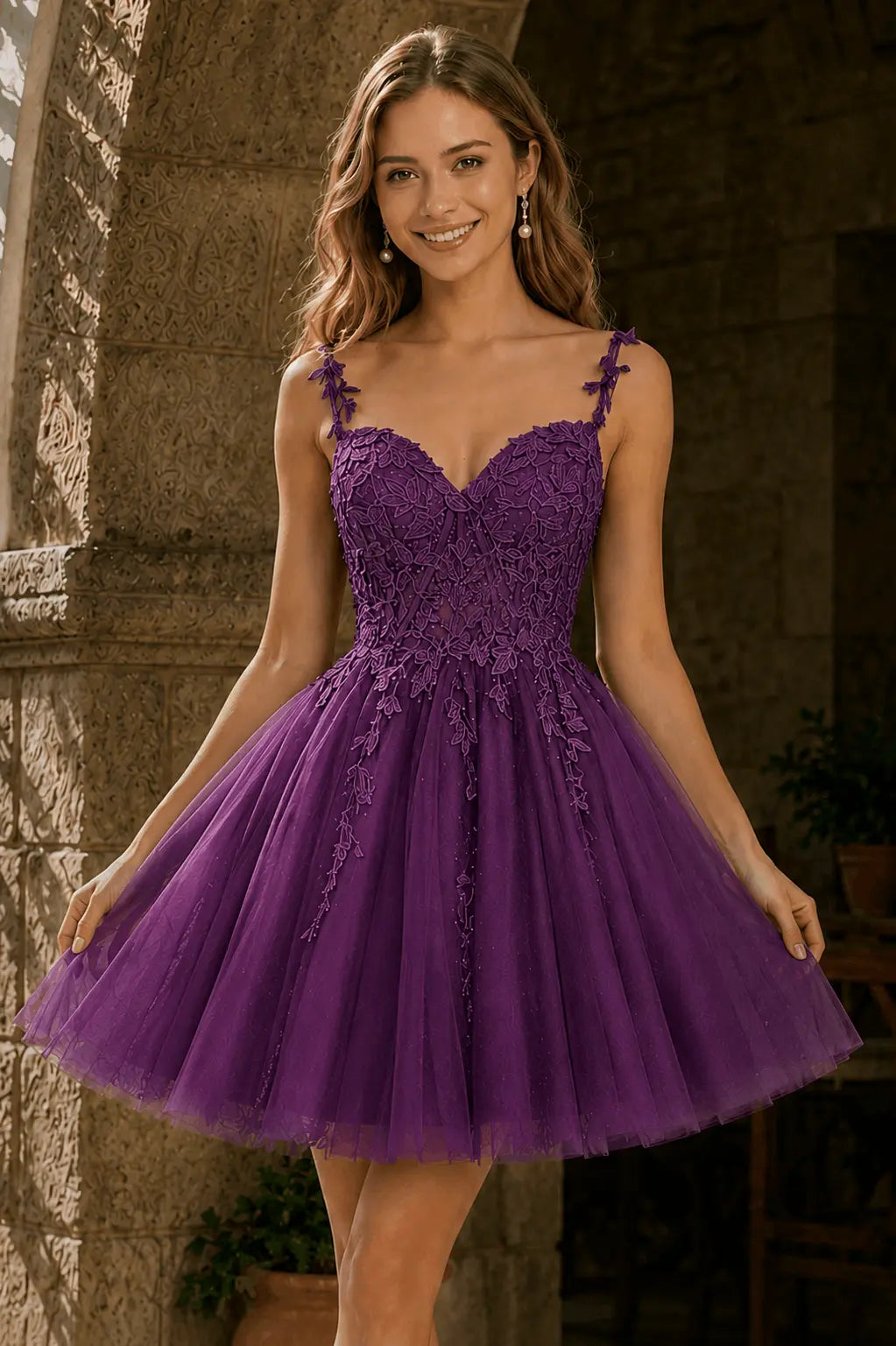 A-line V Neck Short/Mini Tulle Lace Homecoming Dress