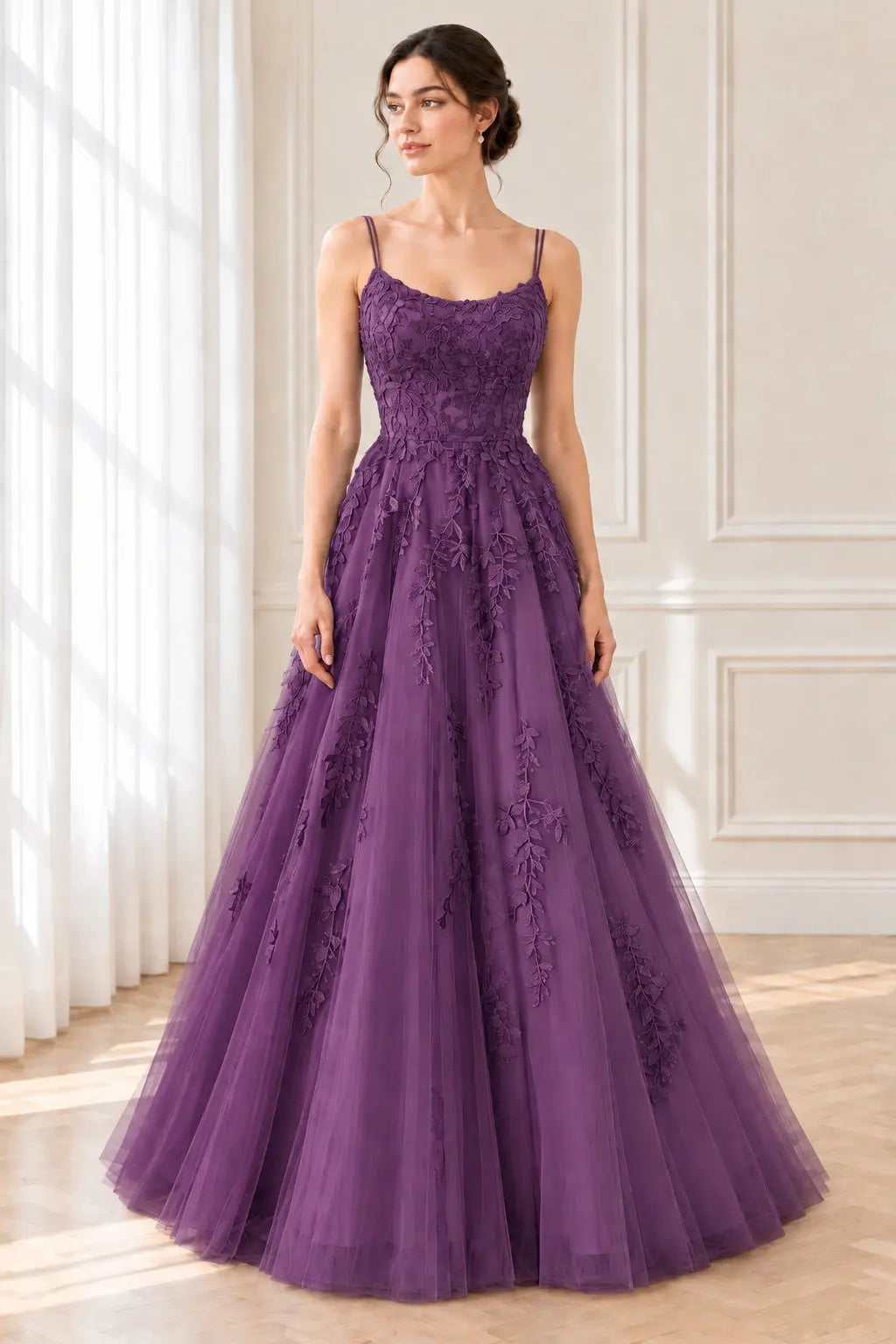 A-Line/Princess Tulle Applique Spaghetti Straps Sleeveless Floor-Length Prom Dresses