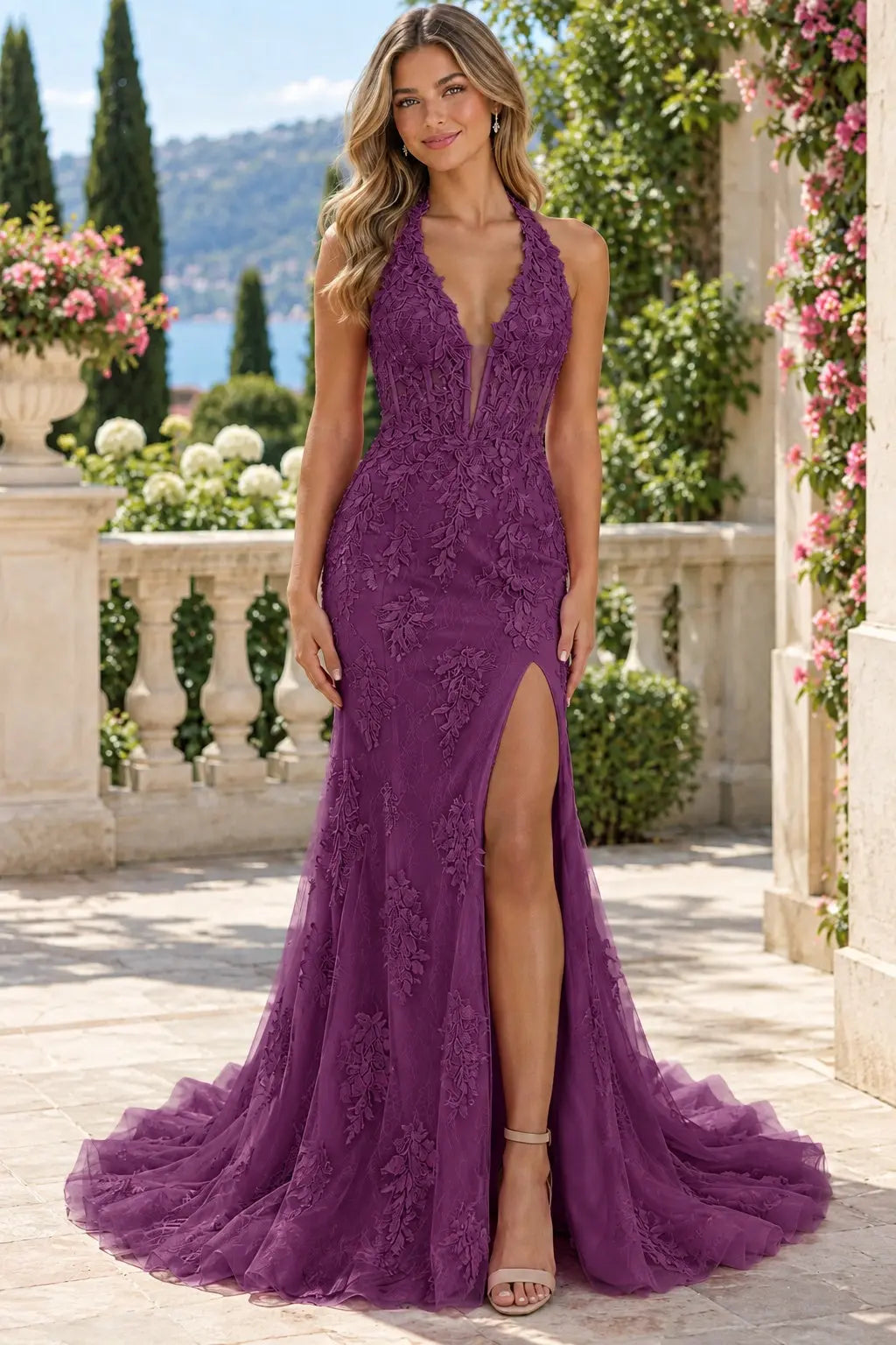 Trumpet/Mermaid V-Neck Tulle Lace Sleeveless Long Prom Dress