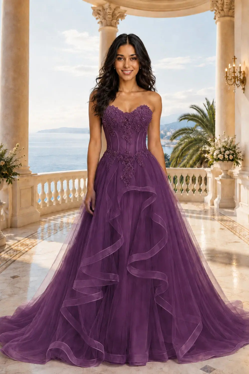 A-line/Princess Sweetheart Sleeveless Sweep Train Tulle Prom Dresses With Beading Appliqued KAIDRESS