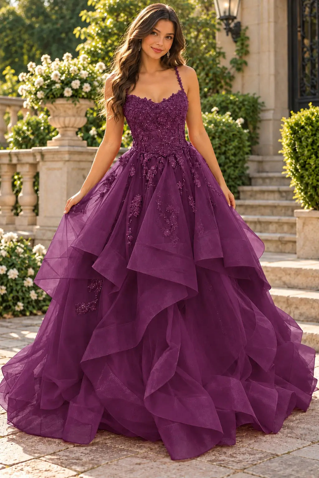 A-line Princess V Neck Floor-Length Tulle Prom Dresses with Appliqued