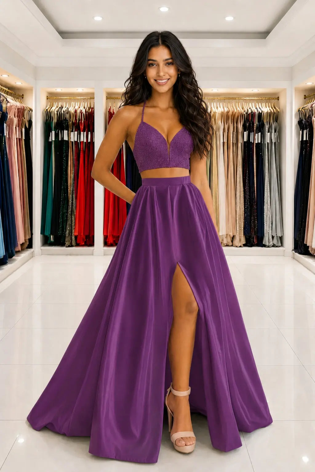 Satin Two Piece Long Modest White Prom Dress Split Formal Evening Gowns Kaidress