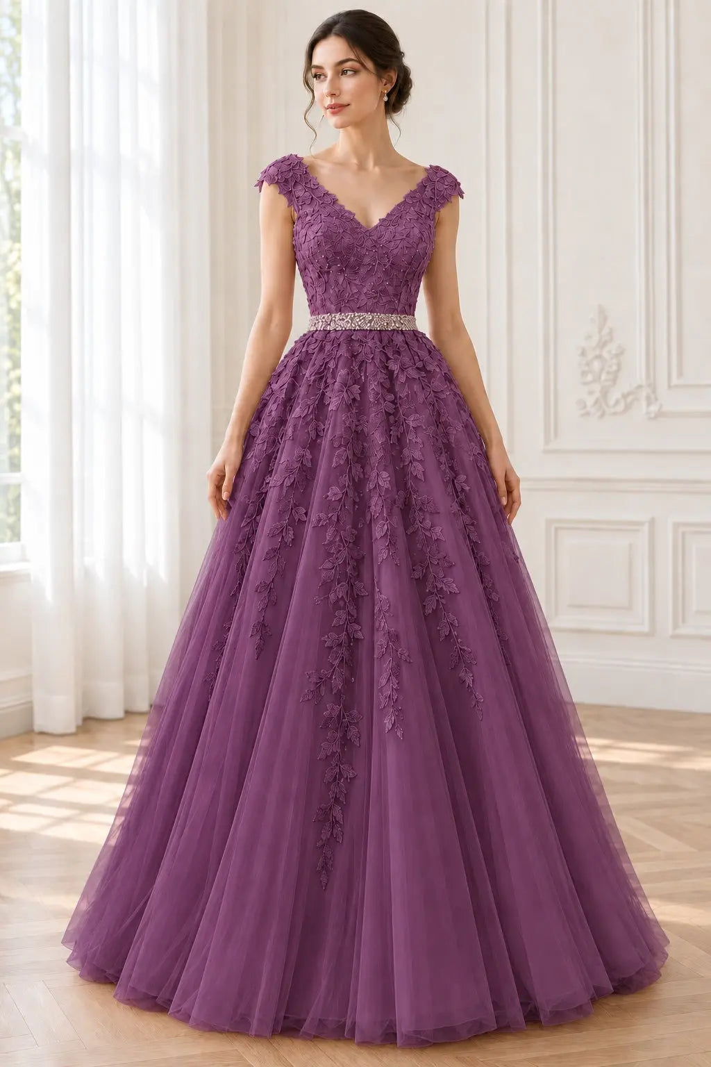 A-Line/Princess V-Neck Sleeveless Floor-Length Applique Tulle Prom Dresses