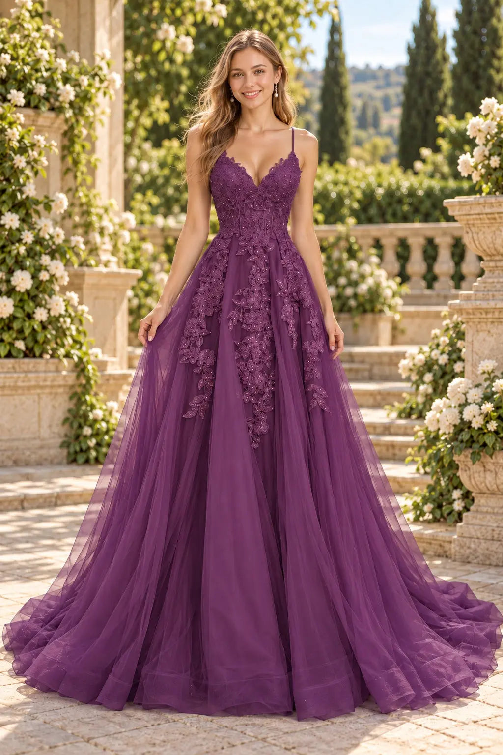 A-line V Neck Spaghetti Straps Sweep Train Tulle Prom Dress With Appliqued
