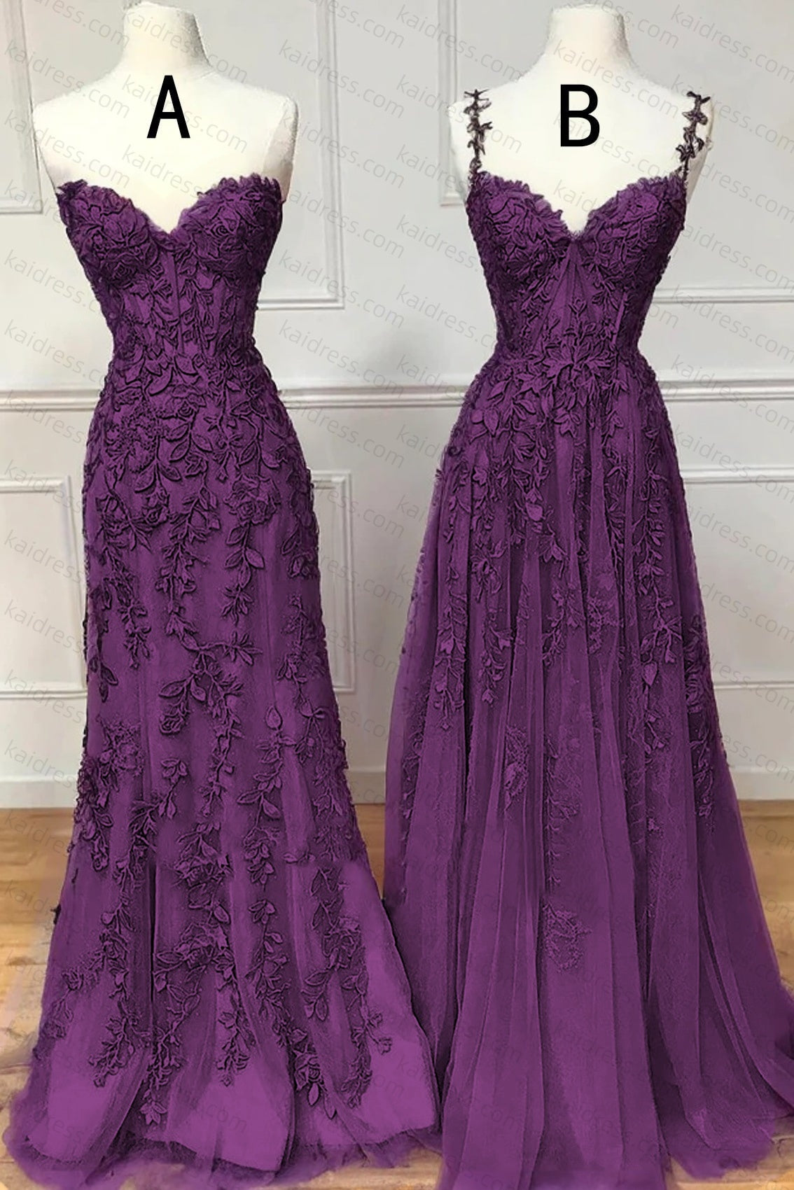 A-line Sweetheart Spaghetti Straps Sweep Train Lace Prom Dress With Beading