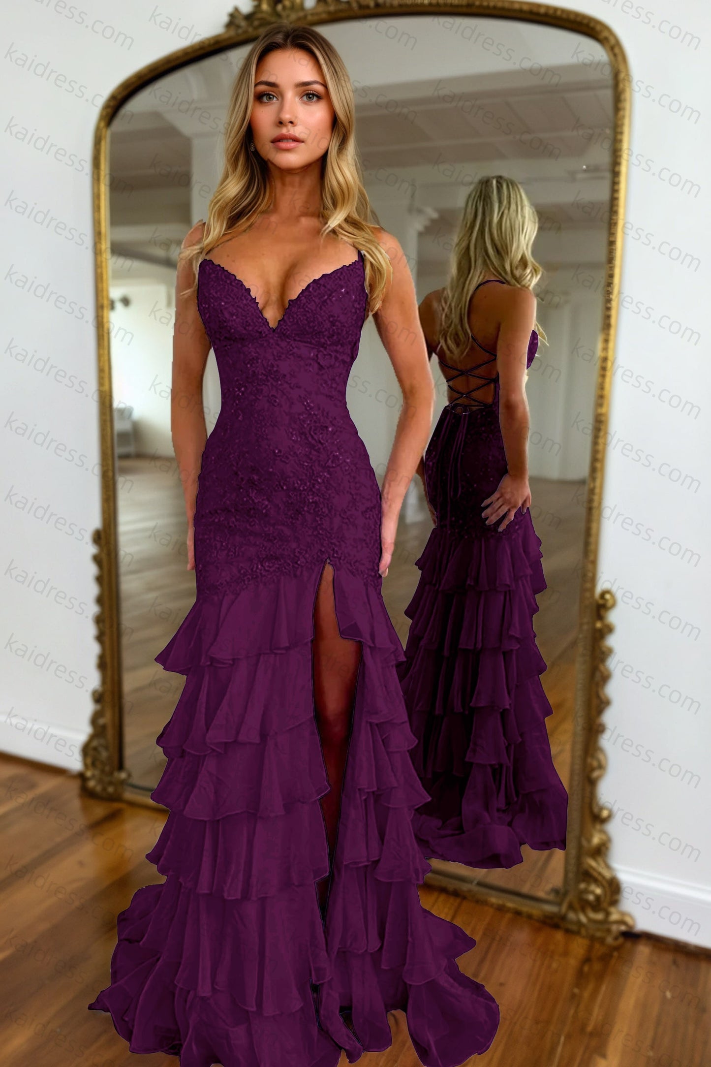 Mermaid Sparkly Lilac Lace Appliques Sheath Tiered Long Chiffon Prom Dress with Slit