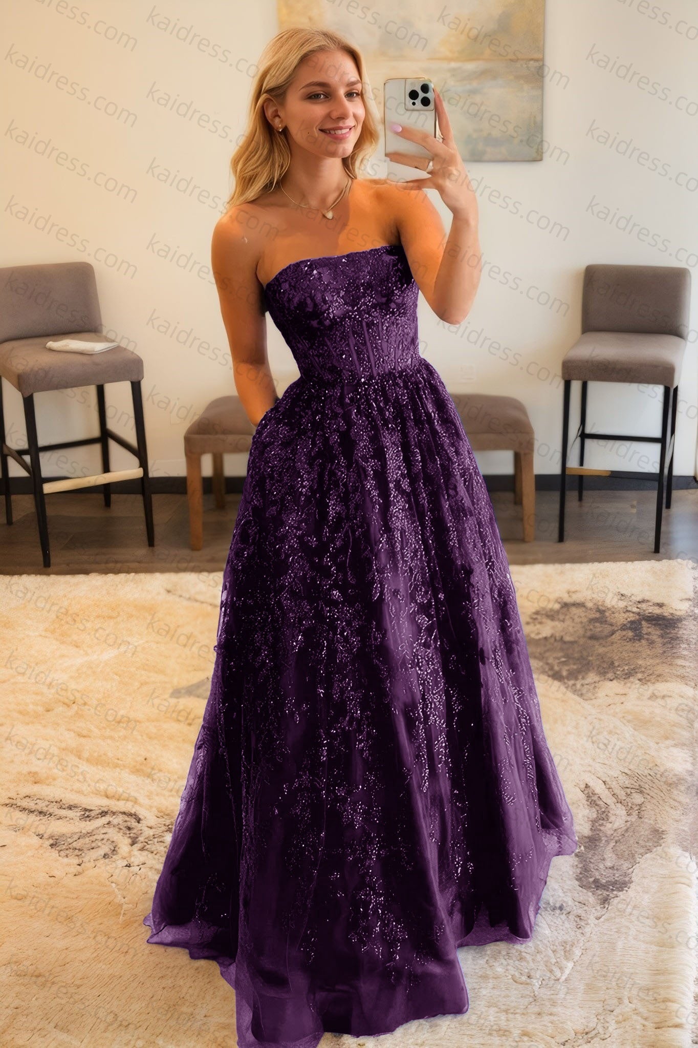 A-line Bateau Strapless Long/Floor-Length Lace Prom Dresses With Pockets Special Occasion Dresses