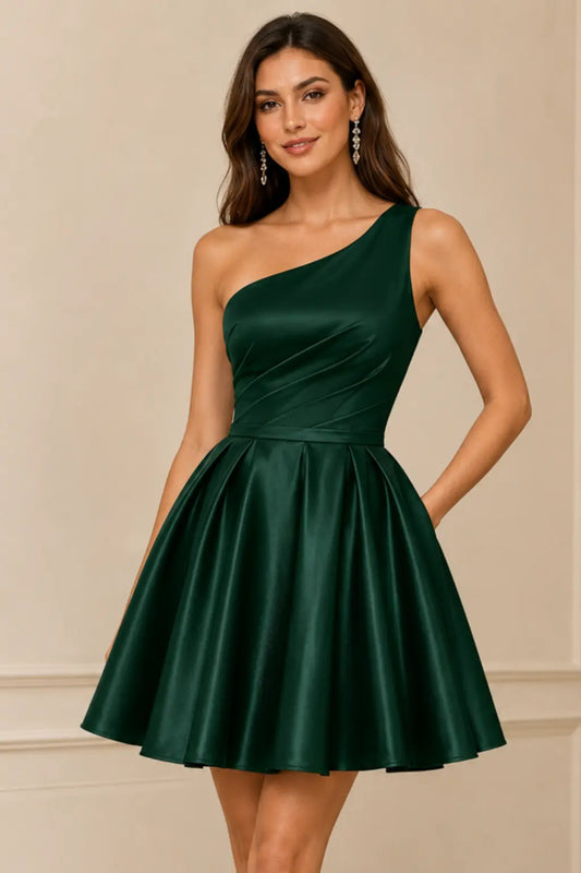 Green One Shoulder Satin Mini A Line Homecoming Dress With Pockets