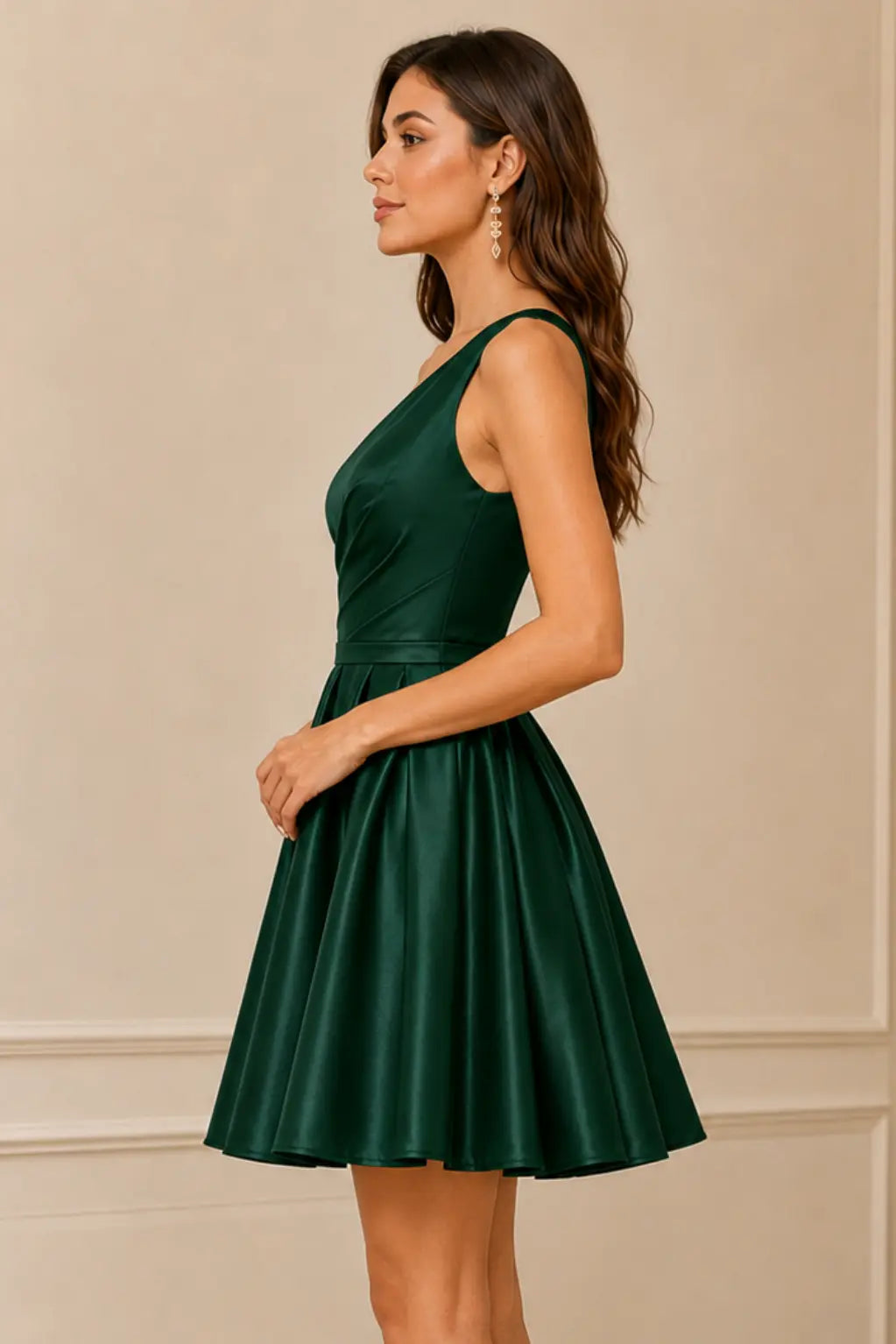 Green One Shoulder Satin Mini A Line Homecoming Dress With Pockets