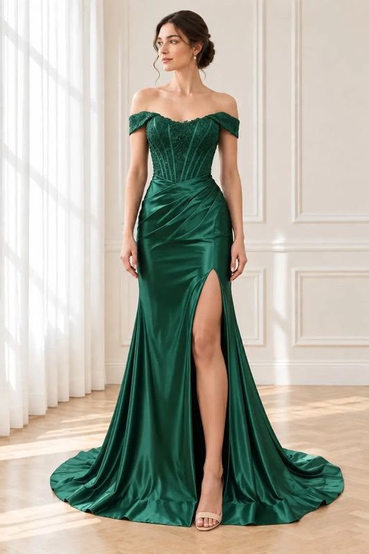 Green Satin Off-Shoulder Lace Corset Mermaid Prom Dress with High Slit