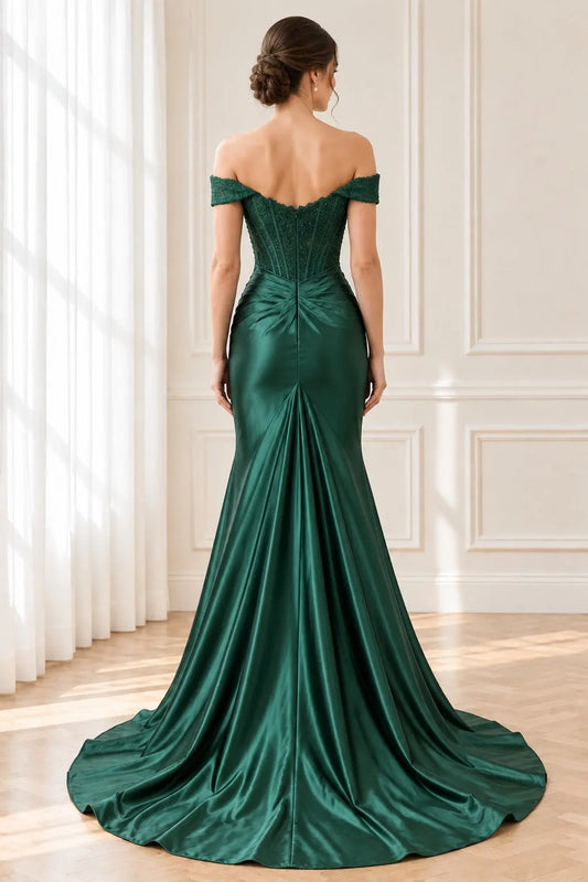 Green Satin Off-Shoulder Lace Corset Mermaid Prom Dress with High Slit