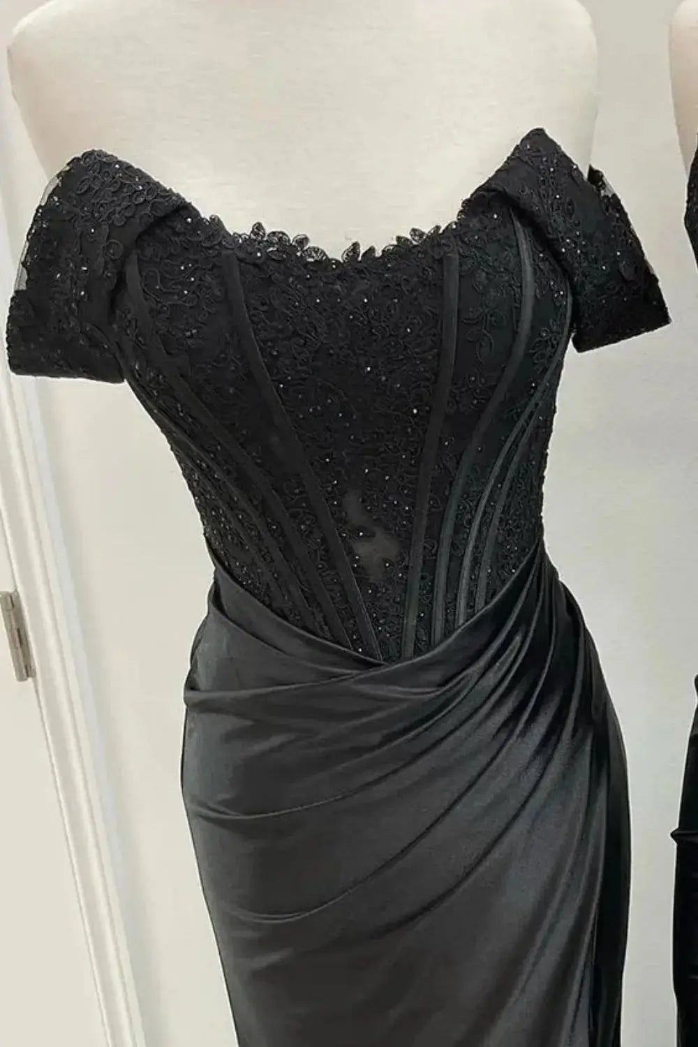Green Satin Off-Shoulder Lace Corset Mermaid Prom Dress with High Slit
