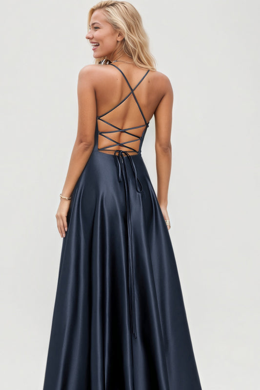 Halter Long Satin Modest Pink Prom Dresses Pocket Formal Evening Gowns