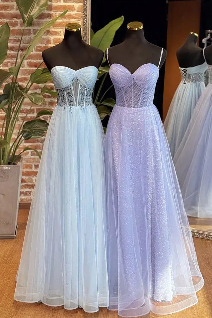 A-Line Sweetheart Neck Tulle Long Blue Prom Dress, Blue Long Formal Dress - KAIDRESS