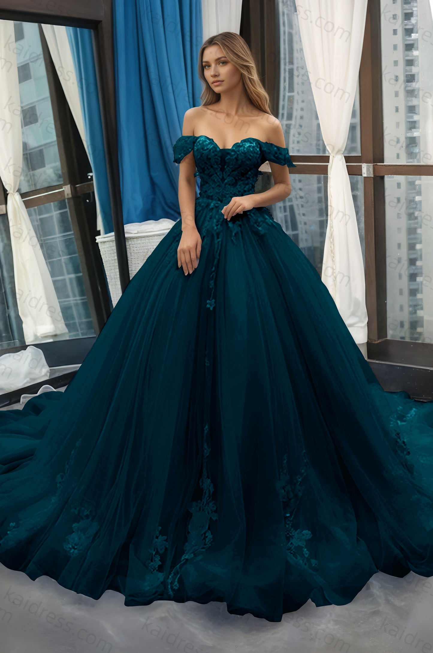 A-Line Off the Shoulder Tulle Applique Long Quinceañera Dresses Blue Formal Prom Dress