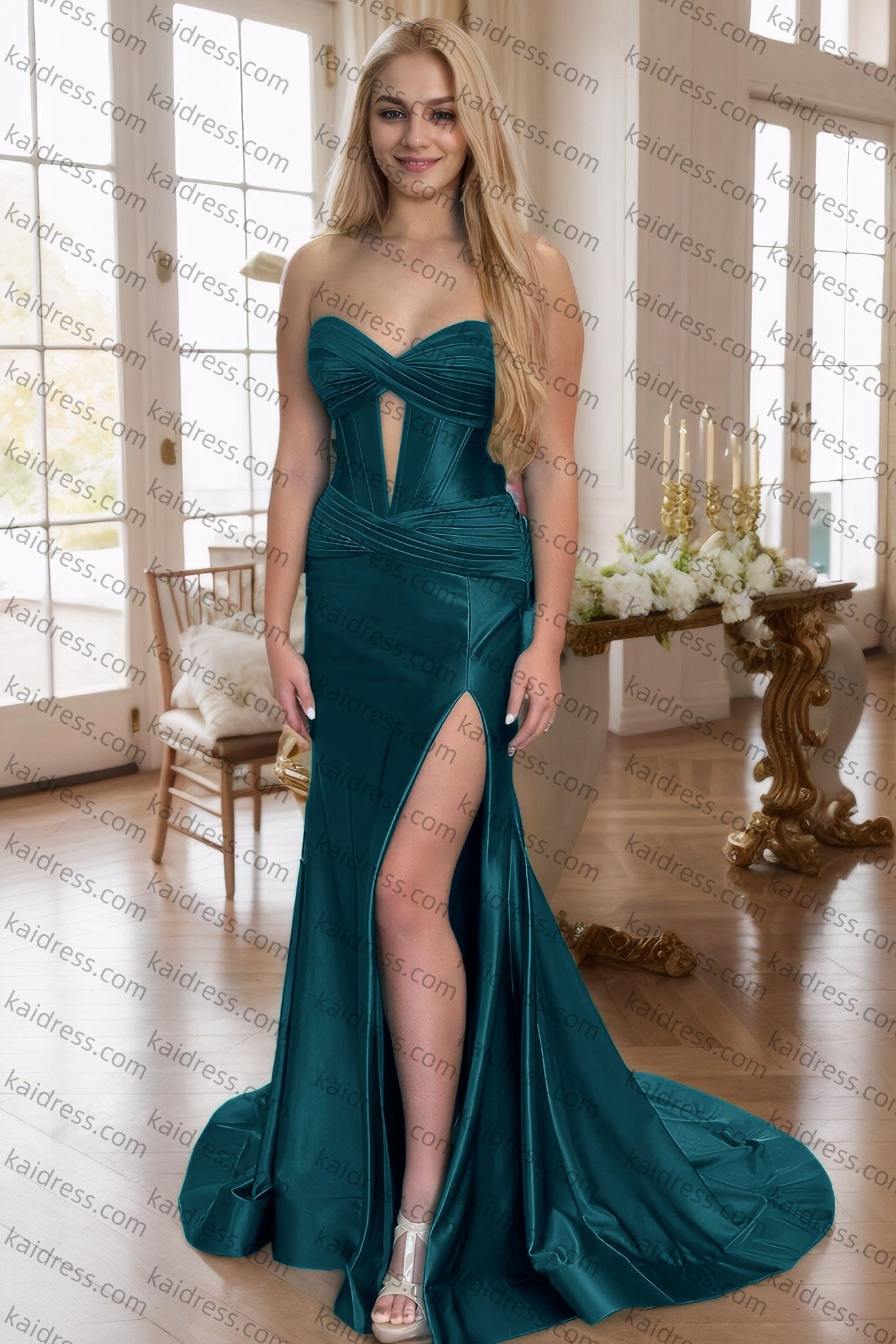 Green Silk Strapless Mermaid Prom Dresses Long Formal Evening Gown with Slit