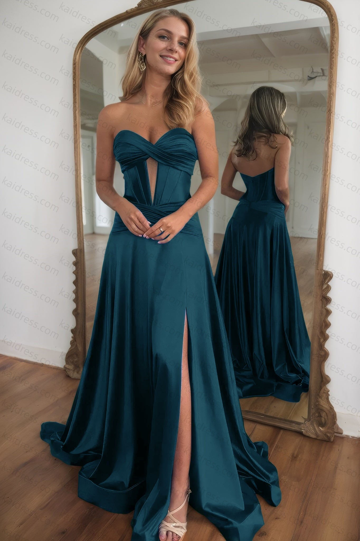 A-line Strapless Silk Long Blue Prom Dresses Elegant Evening Dress