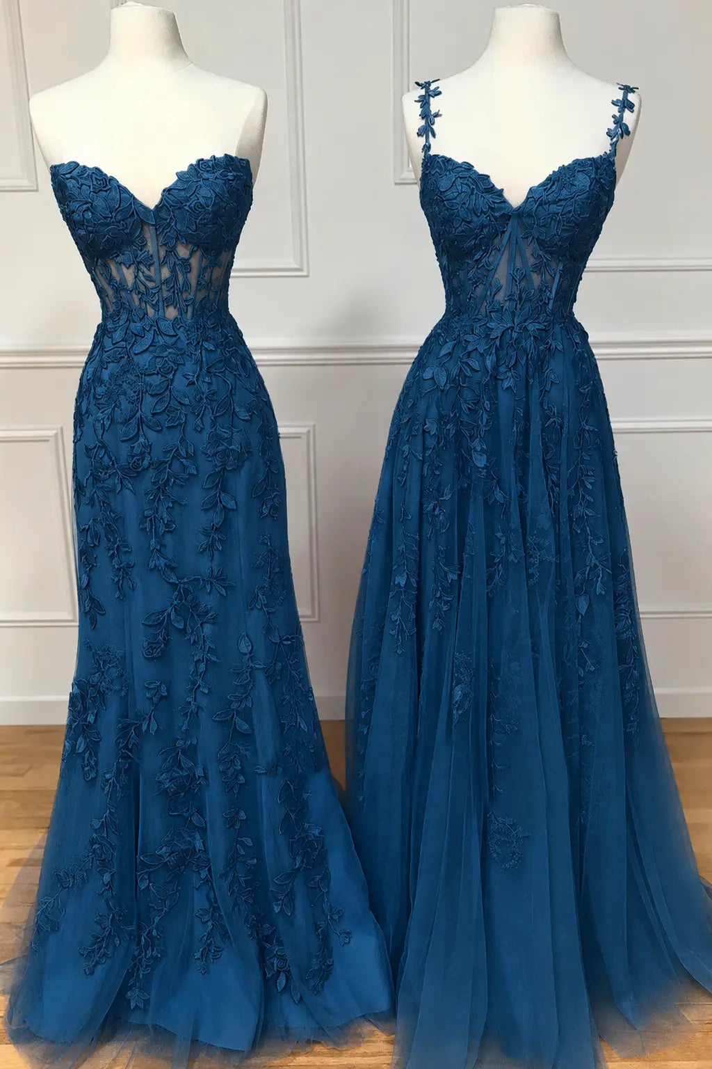A-line Sweetheart Spaghetti Straps Sweep Train Lace Prom Dress With Beading Kaidress
