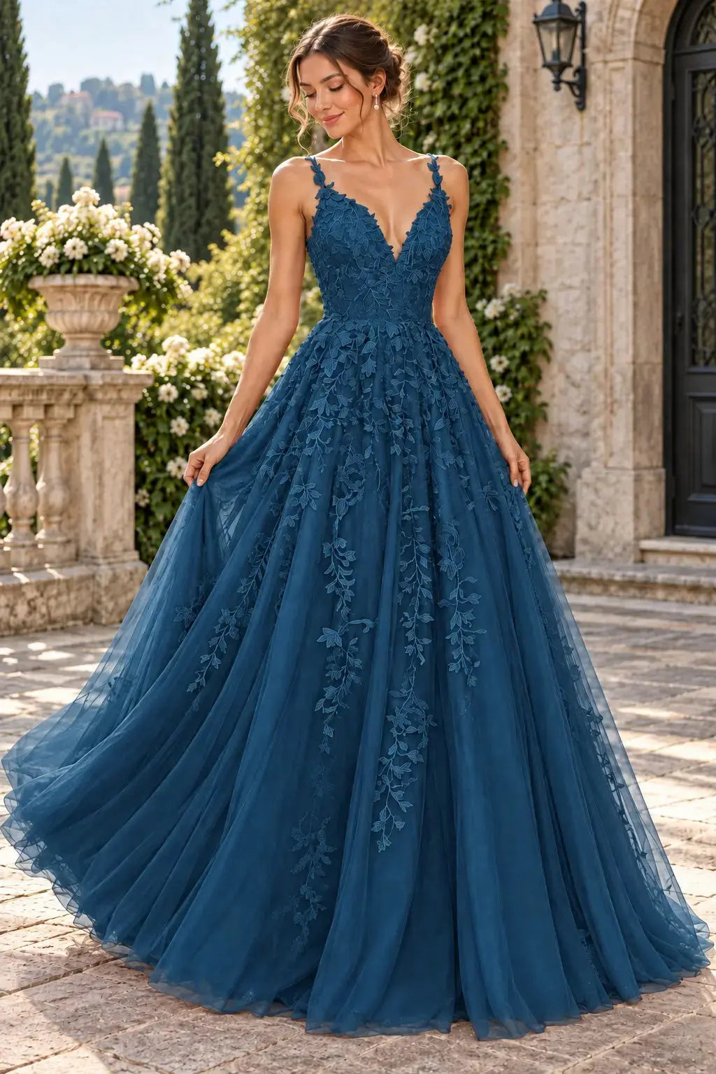 A-Line Lace Prom Dresses Long V Neck Sleeveless Formal Maxi Dress KAIDRESS