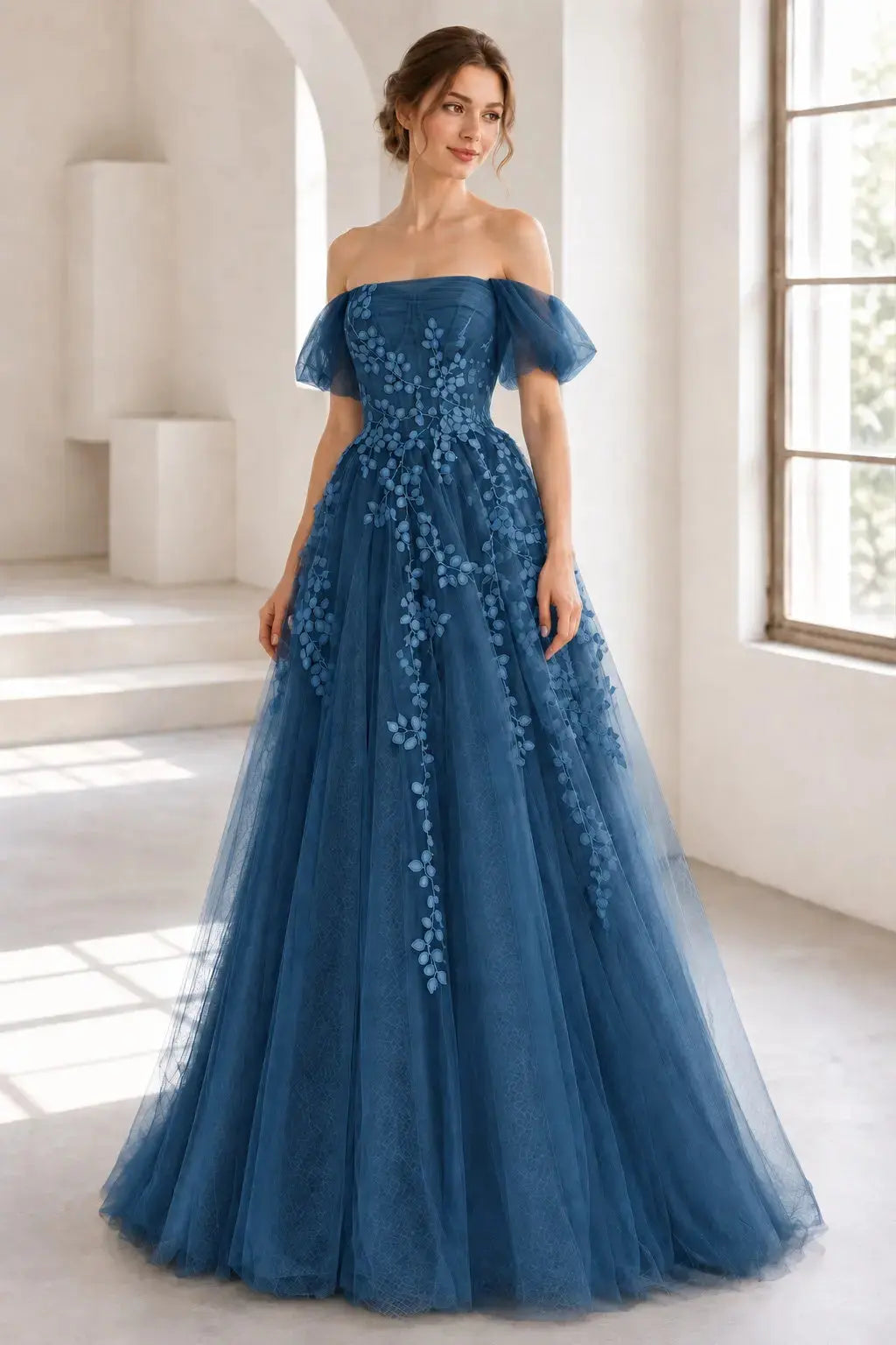 A-Line Tulle Lace Long Prom Dress Off the Shoulder Formal Evening Dress KAIDRESS