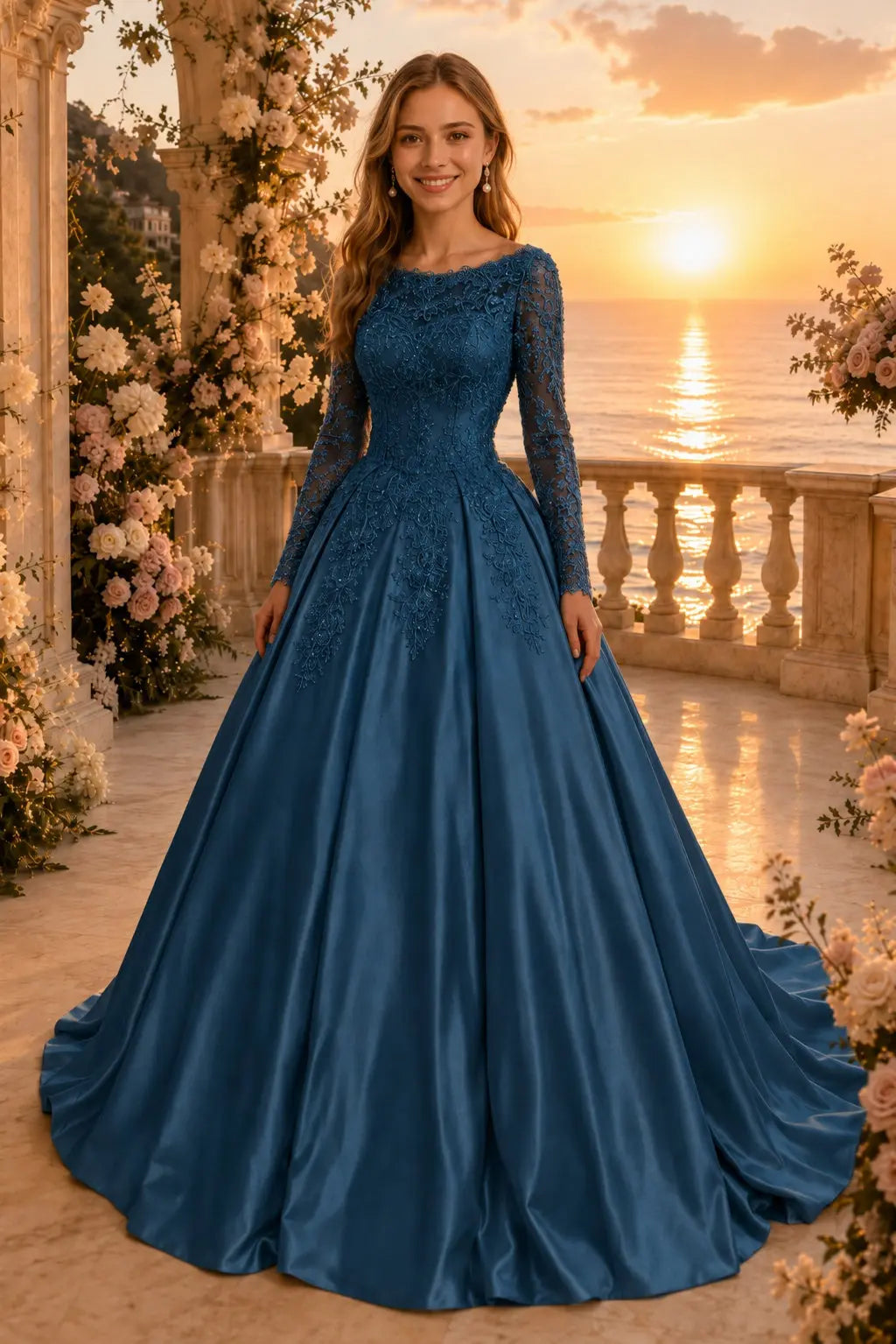 Ball Gown Long Sleeves Off-the-Shoulder Chapel Train Applique Satin Prom Dresses Kaidress