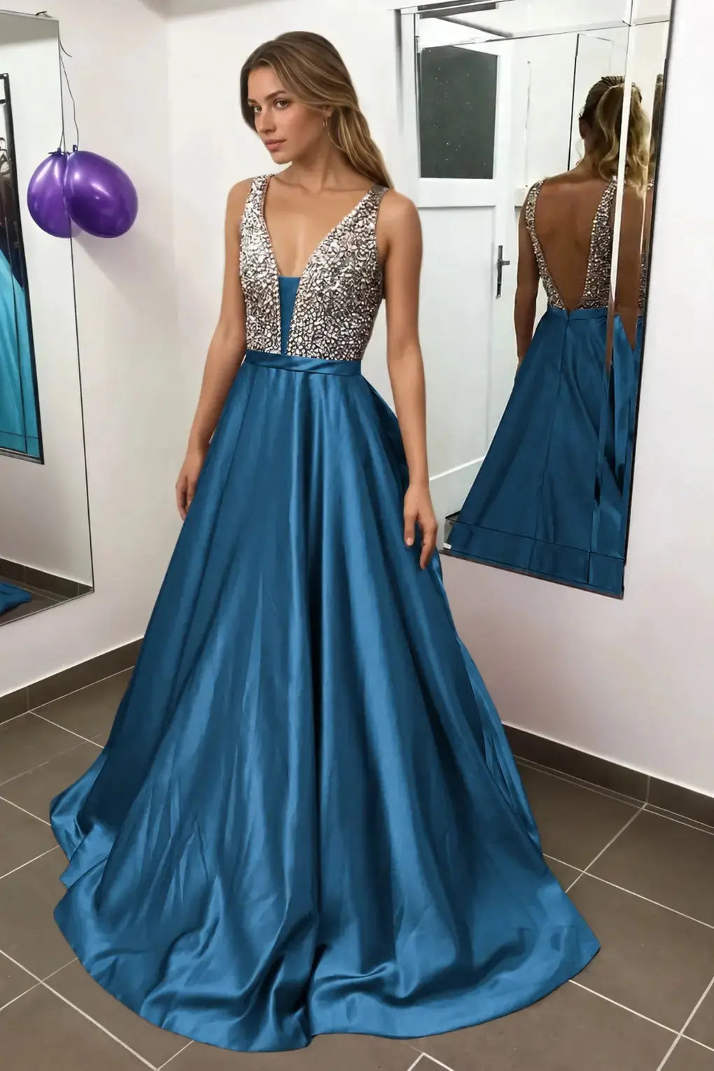 Satin Burgundy Formal Prom Dresses Sparkly Long Princess Evening Gowns KAIDRESS