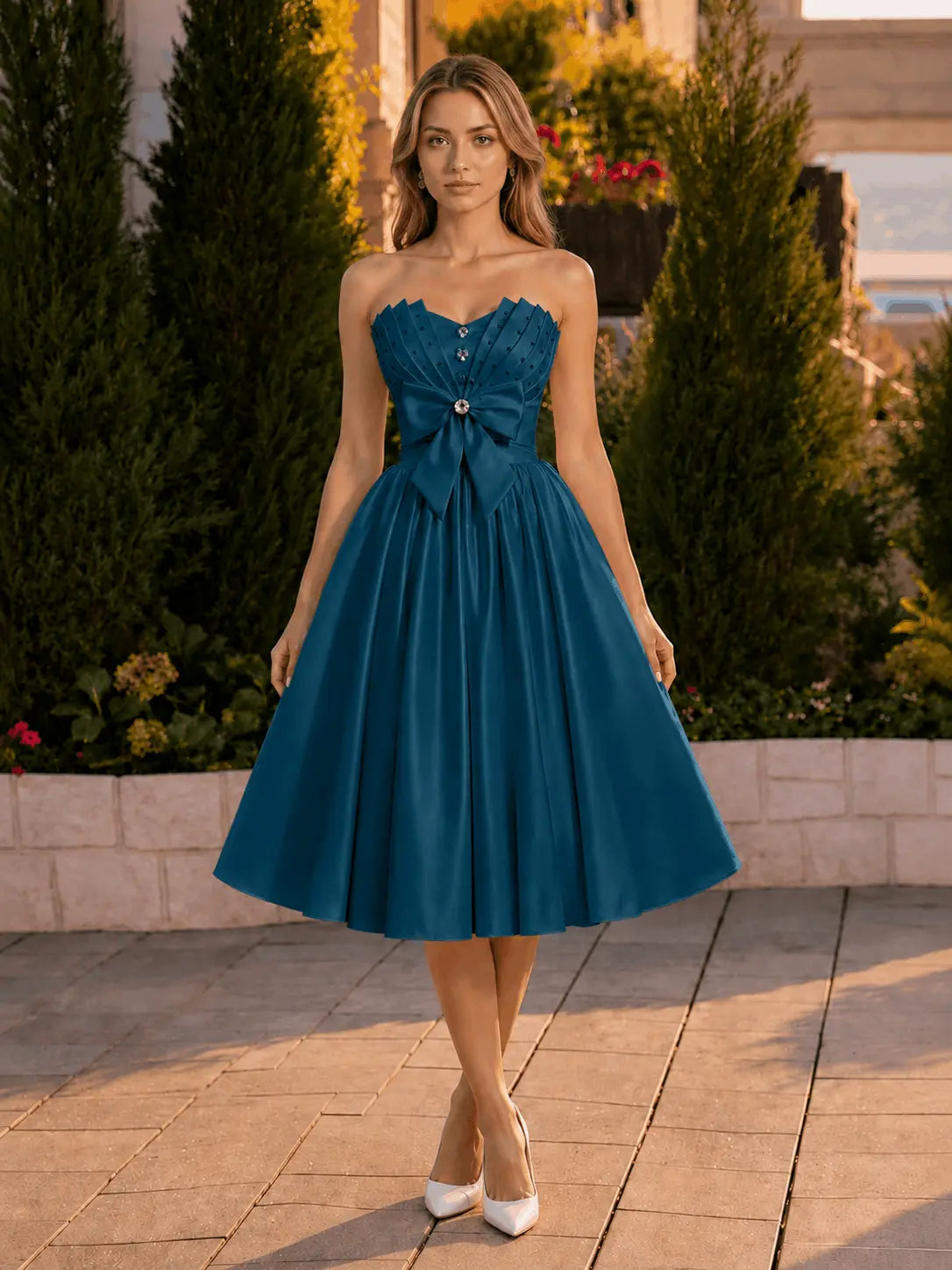 A-line Sweetheart Sleeveless Knee-Length Satin Homecoming Dress with Bow KAIDRESS
