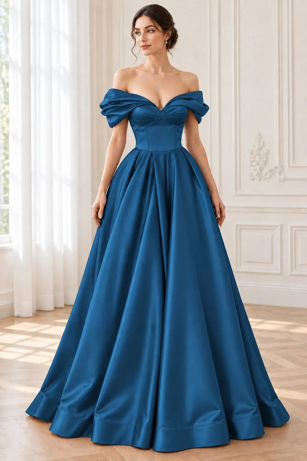 A-line Off-the-Shoulder Short Sleeve Satin Long/Floor-Length Prom Dresses With Ruffles Split