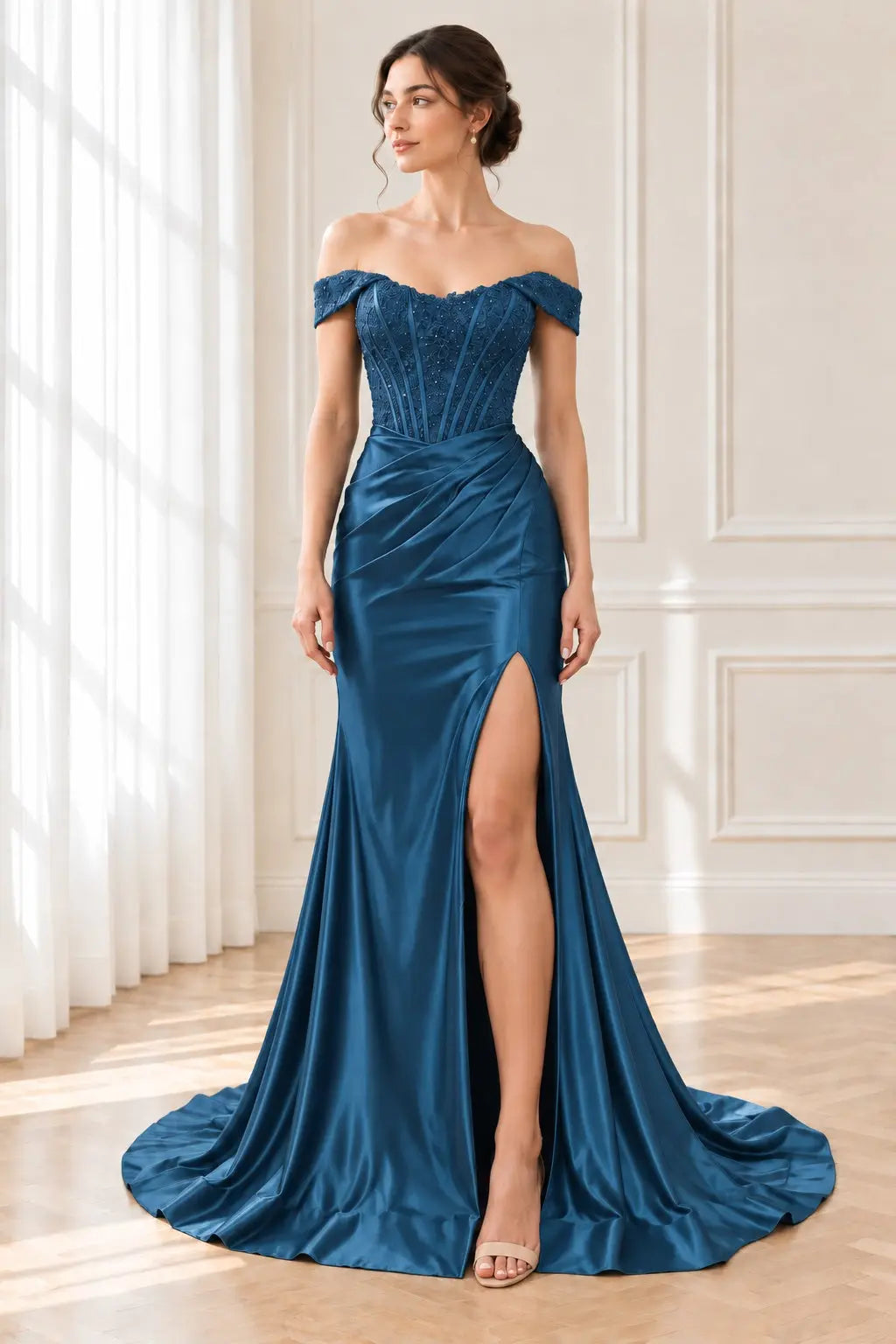 Trumpet/Mermaid Satin Ruched Off-the-Shoulder Prom Dresses Sleeveless Long Green Evening Gowns