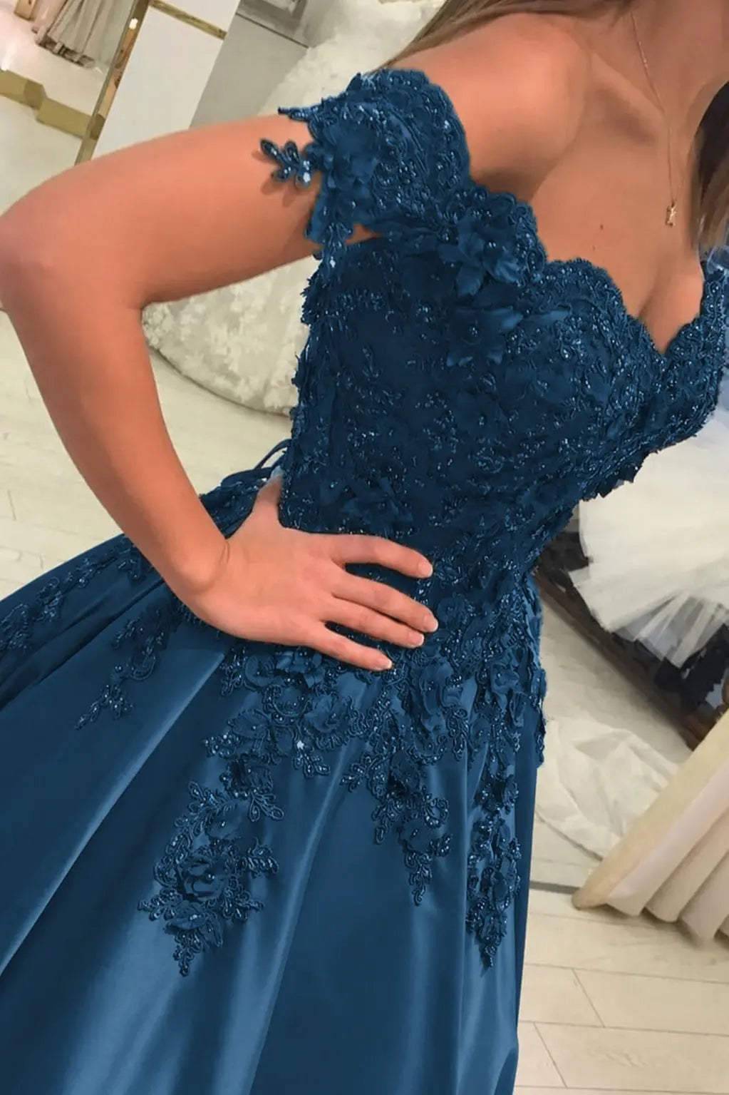 Appliqued Off-The-Shoulder Satin Princess Prom Dress With Beads