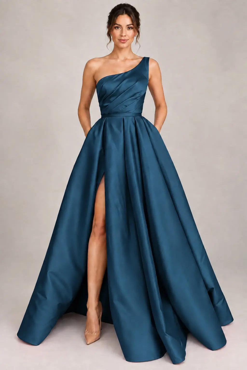 A-line Sleeveless One-Shoulder Long/Floor-Length Satin Prom Dress With Split Ruffles Pockets