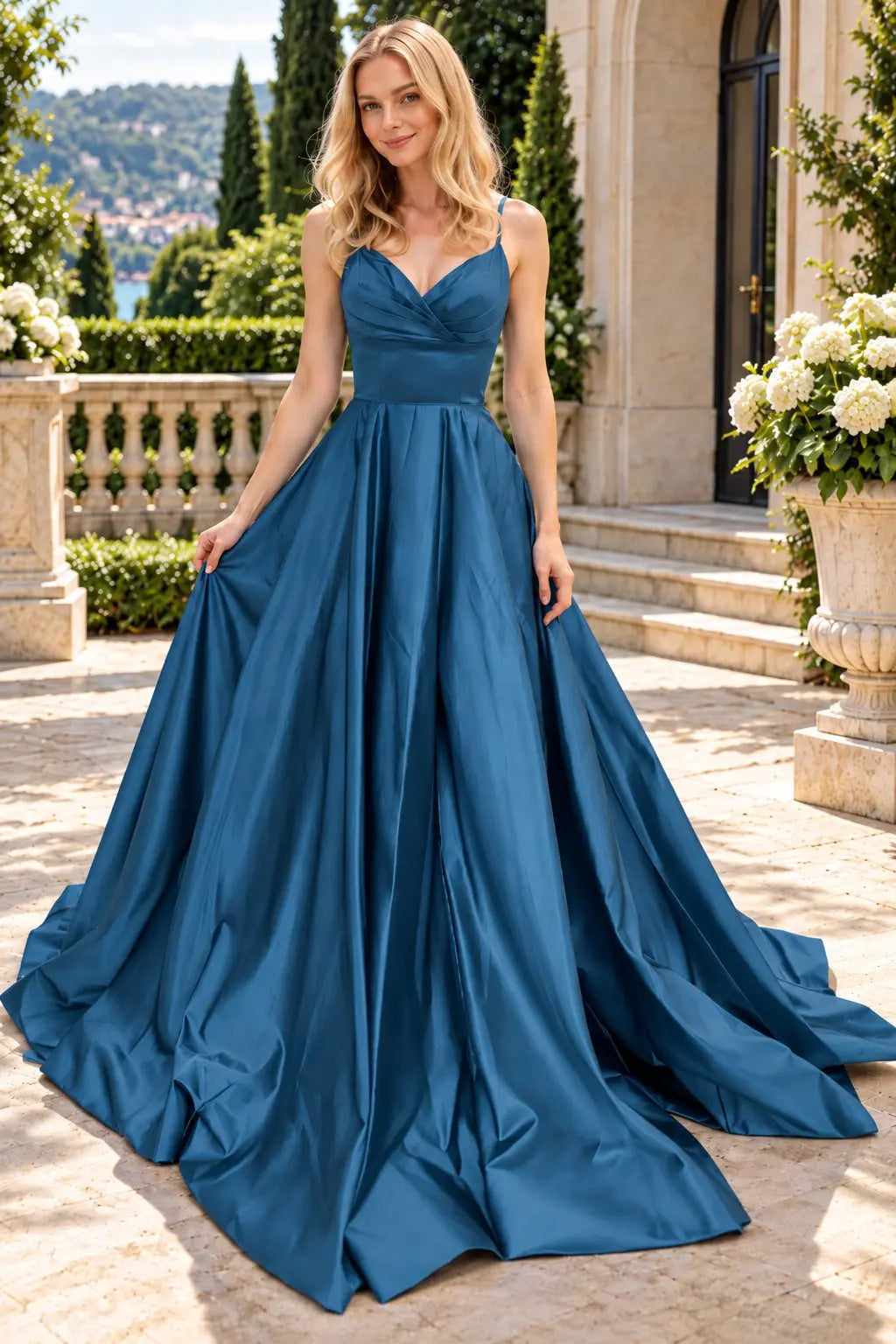 A-line V Neck Sleeveless Court Train Satin Prom Dresses With Bowknot Pleated Waistband