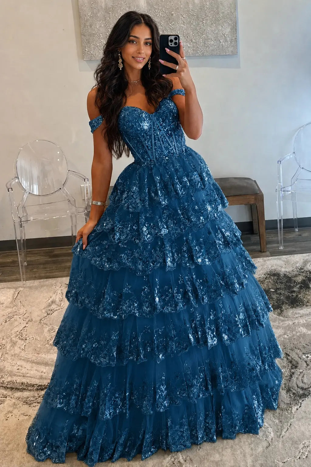 A-Line/Princess Princess Off the Shoulder Sequined Lace Prom Dress KAIDRESS