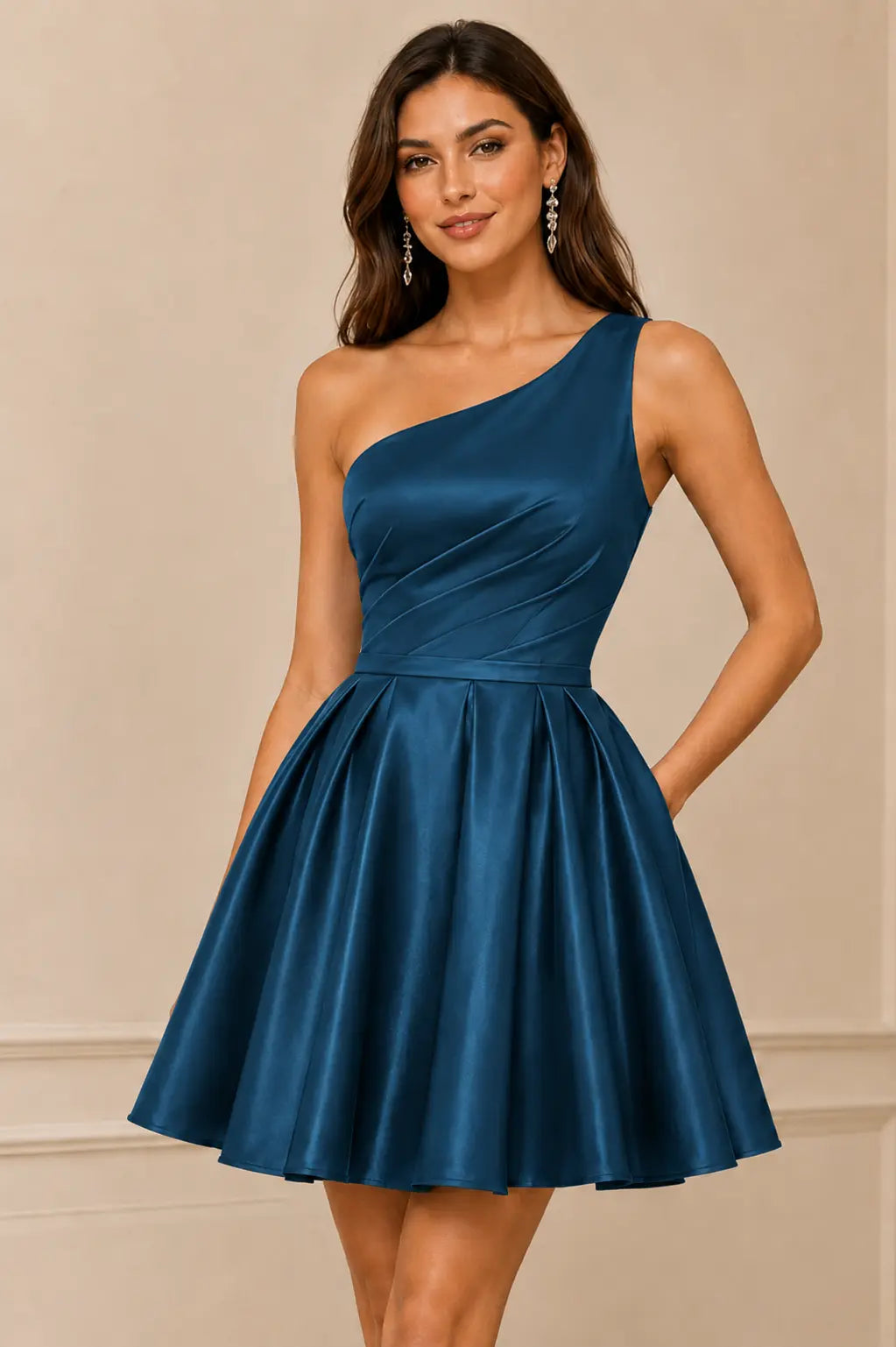 Green One Shoulder Satin Mini A Line Homecoming Dress With Pockets KAIDRESS