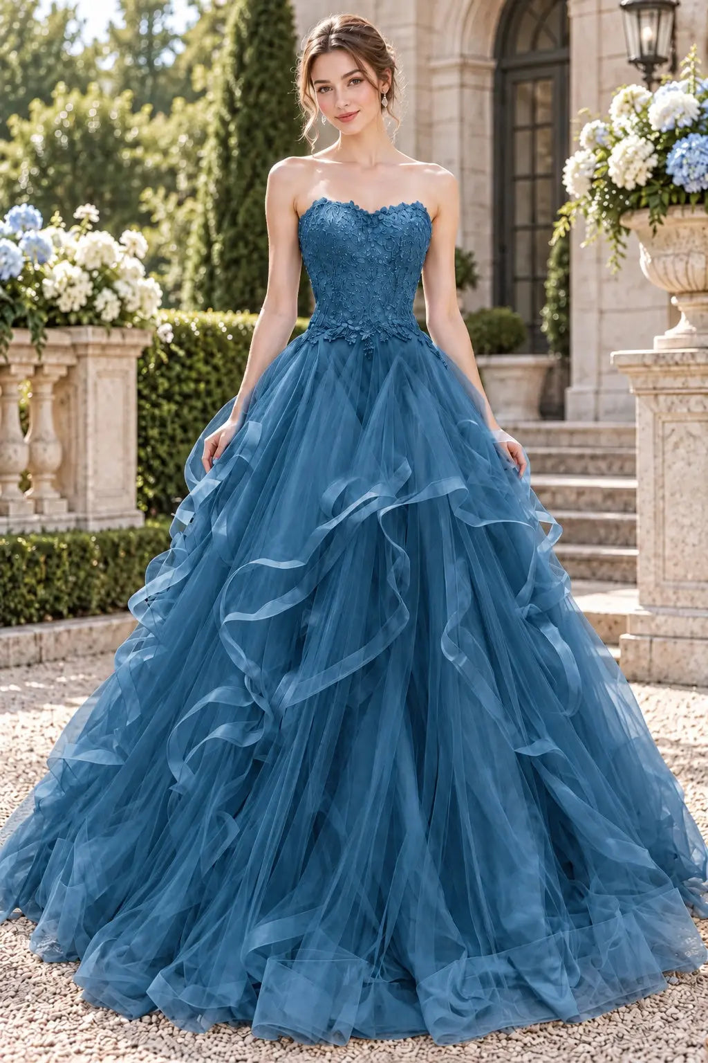 Blue Tulle Lace Long Prom Dresses Princess Layered Formal Evening Gowns