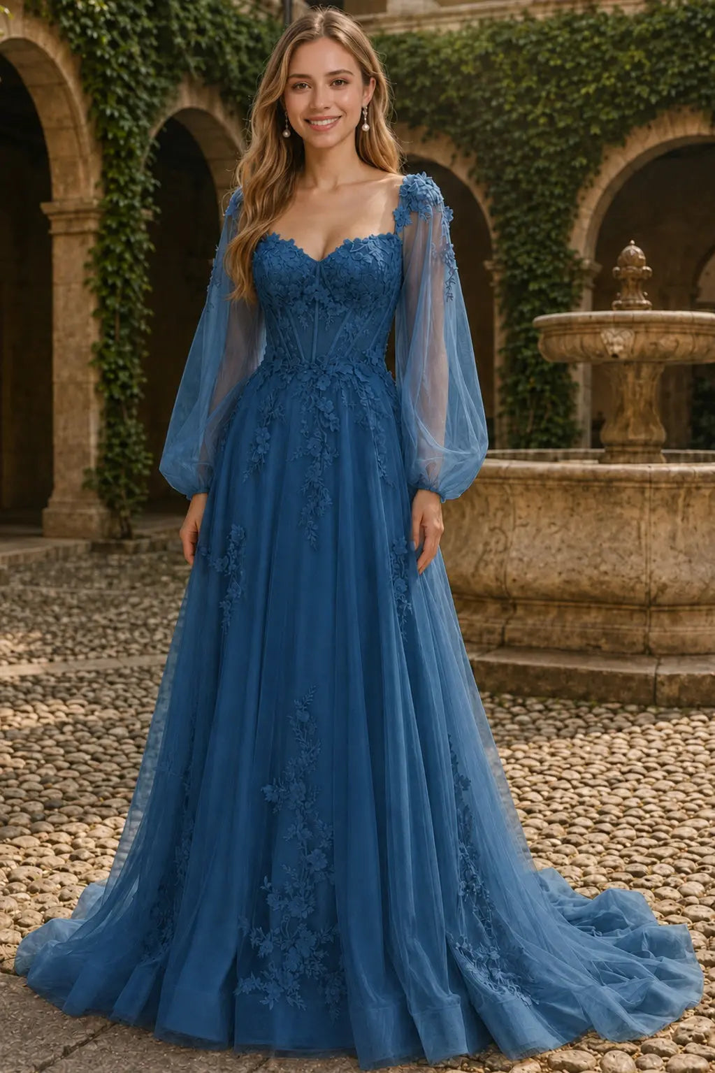 A-line 3D Floral Lace Applique Tulle Long Sleeves Prom Dress
