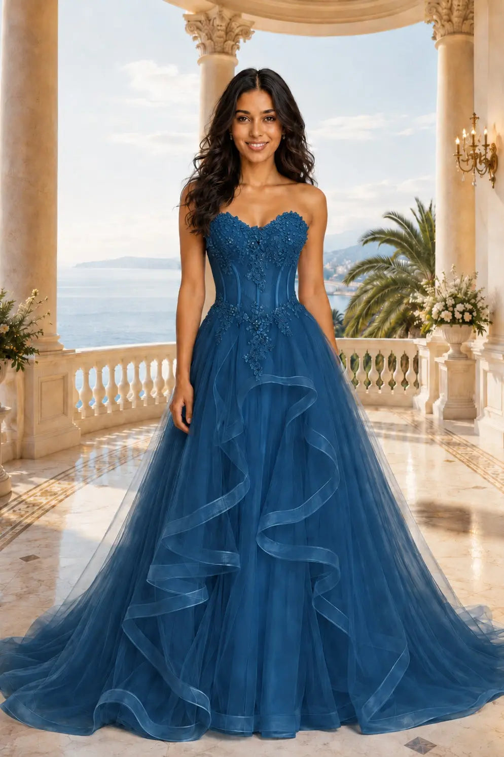 A-line/Princess Sweetheart Sleeveless Sweep Train Tulle Prom Dresses With Beading Appliqued KAIDRESS