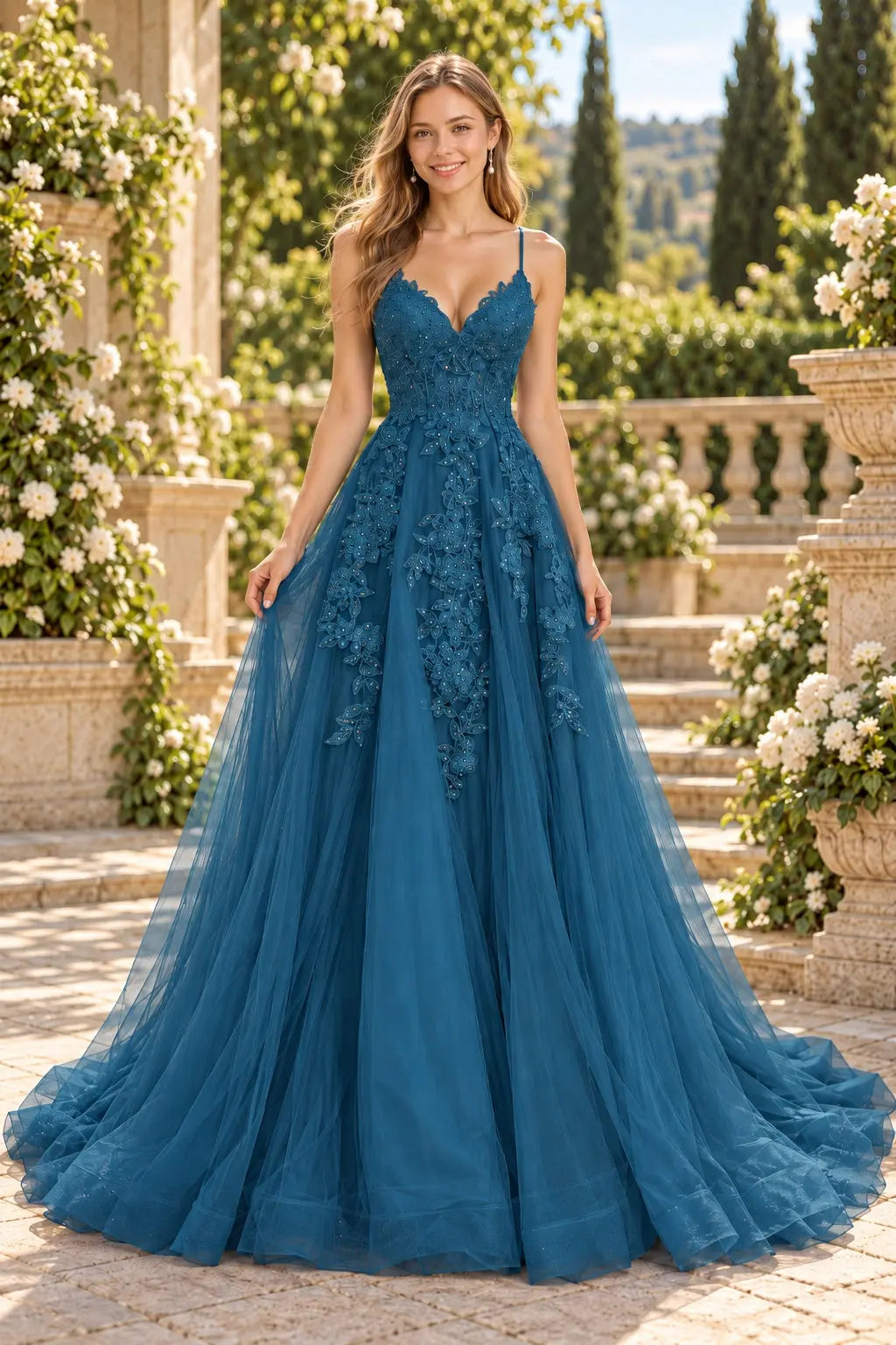 A-line V Neck Spaghetti Straps Sweep Train Tulle Prom Dress With Appliqued