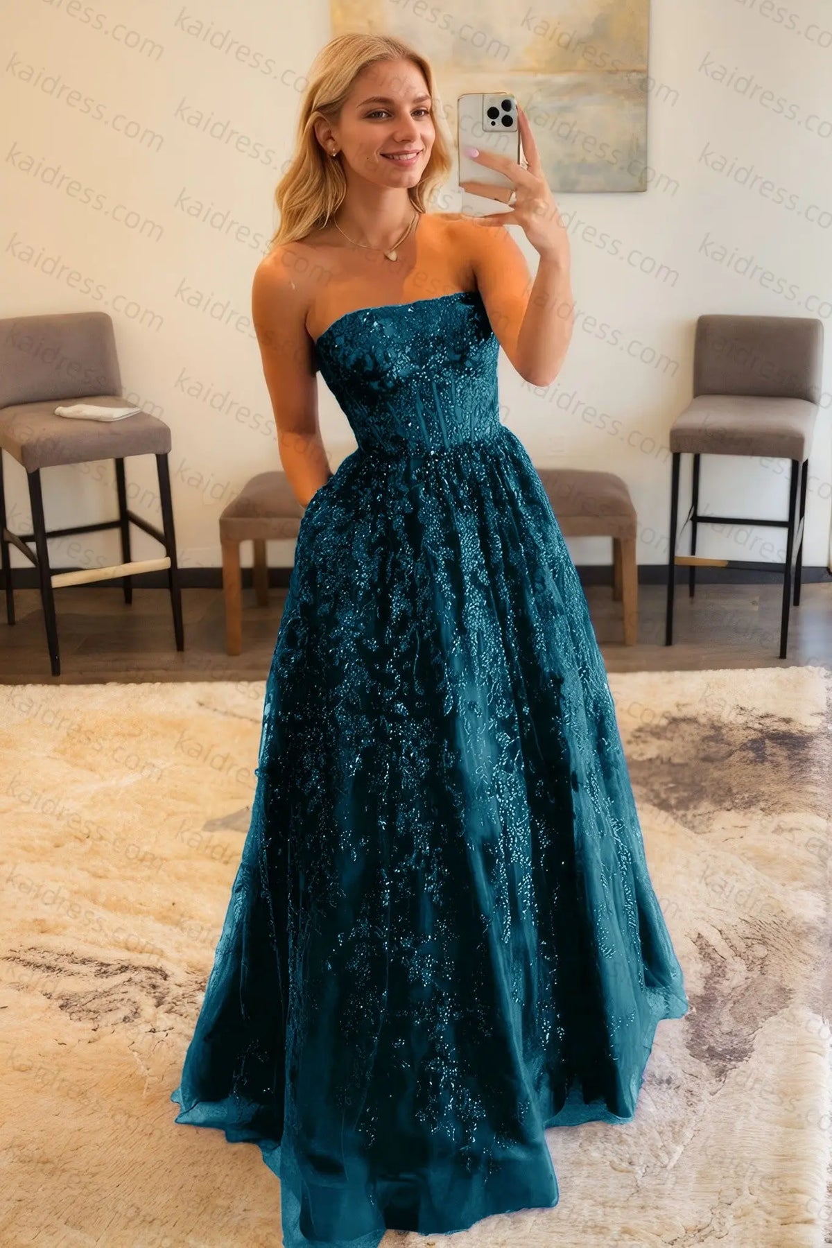 A-line Bateau Strapless Long/Floor-Length Lace Prom Dresses With Pockets Special Occasion Dresses - KAIDRESS