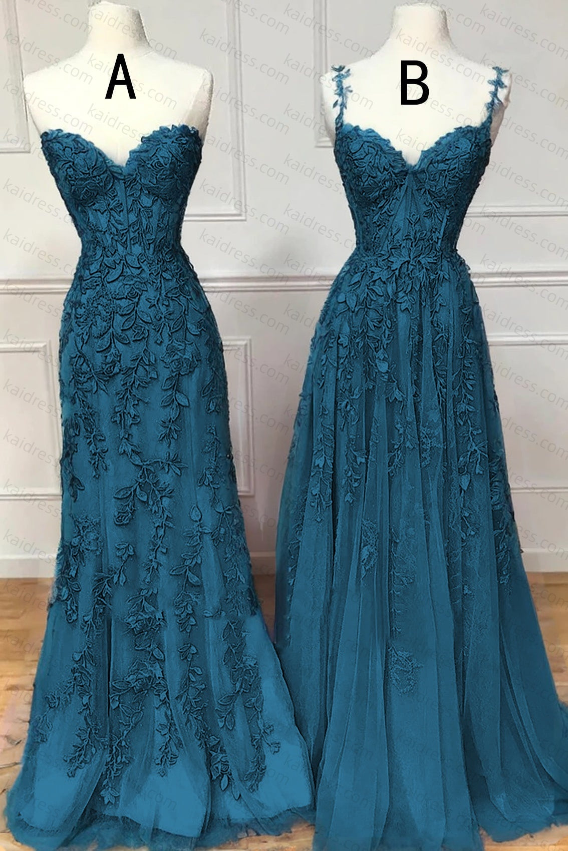 A-line Sweetheart Spaghetti Straps Sweep Train Lace Prom Dress With Beading