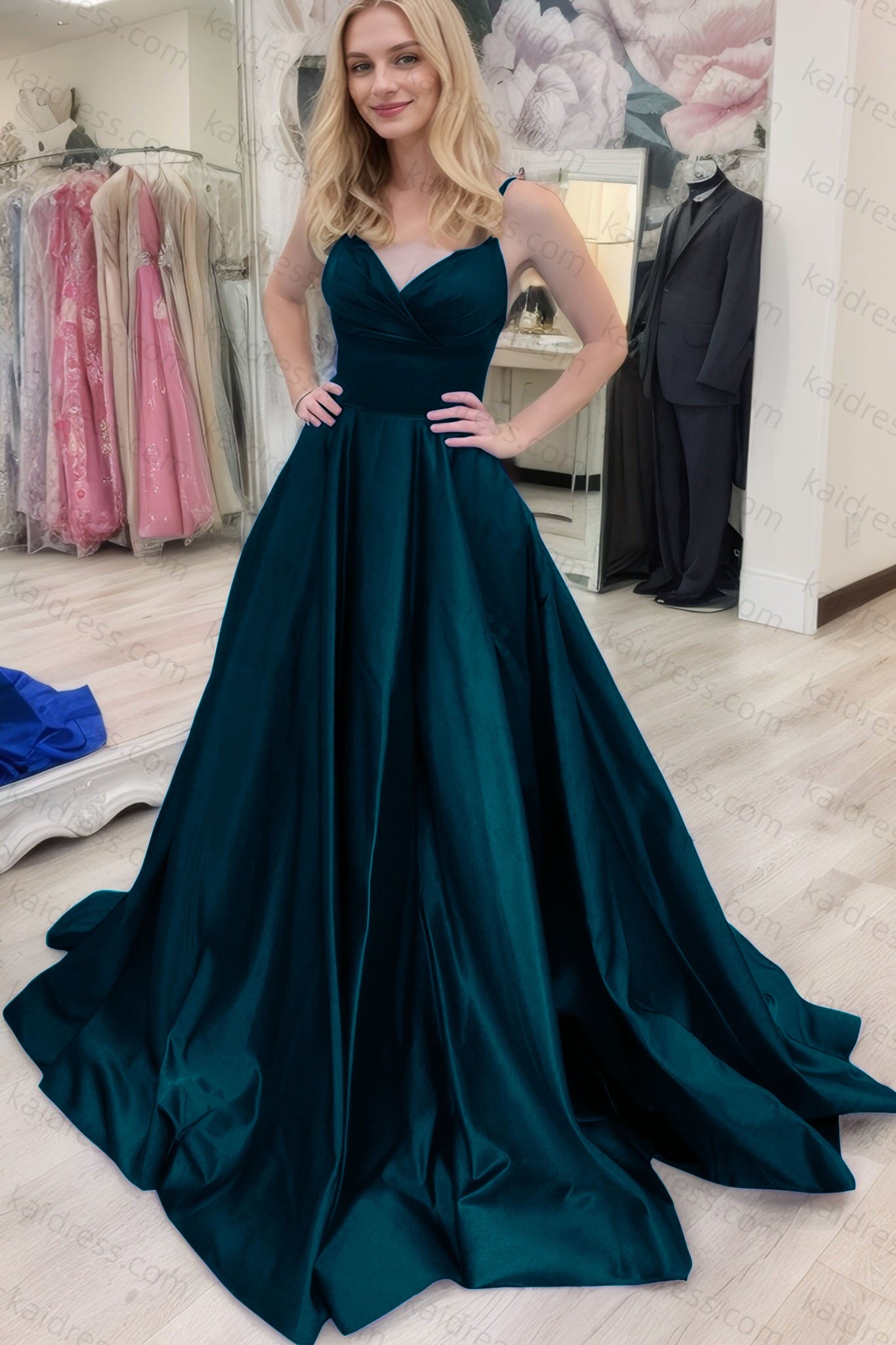 A-line V Neck Sleeveless Court Train Satin Prom Dresses With Bowknot Pleated Waistband