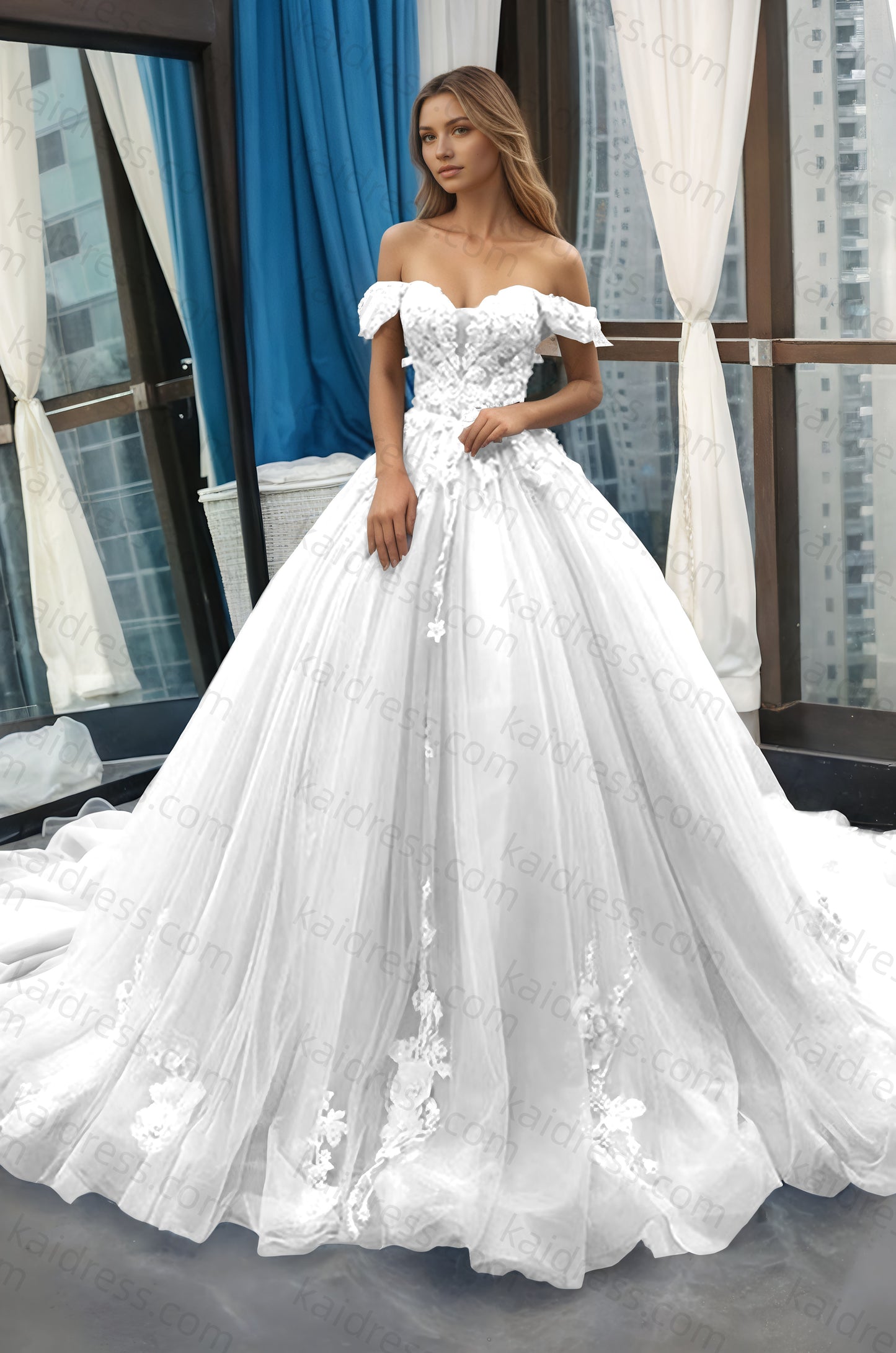 A-Line Off the Shoulder Tulle Applique Long Quinceañera Dresses Blue Formal Prom Dress