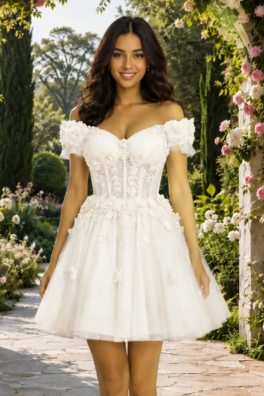 A-line Off-the-Shoulder Tulle Short/Mini Homecoming Dress with Appliqued Flowers Sequins KAIDRESS